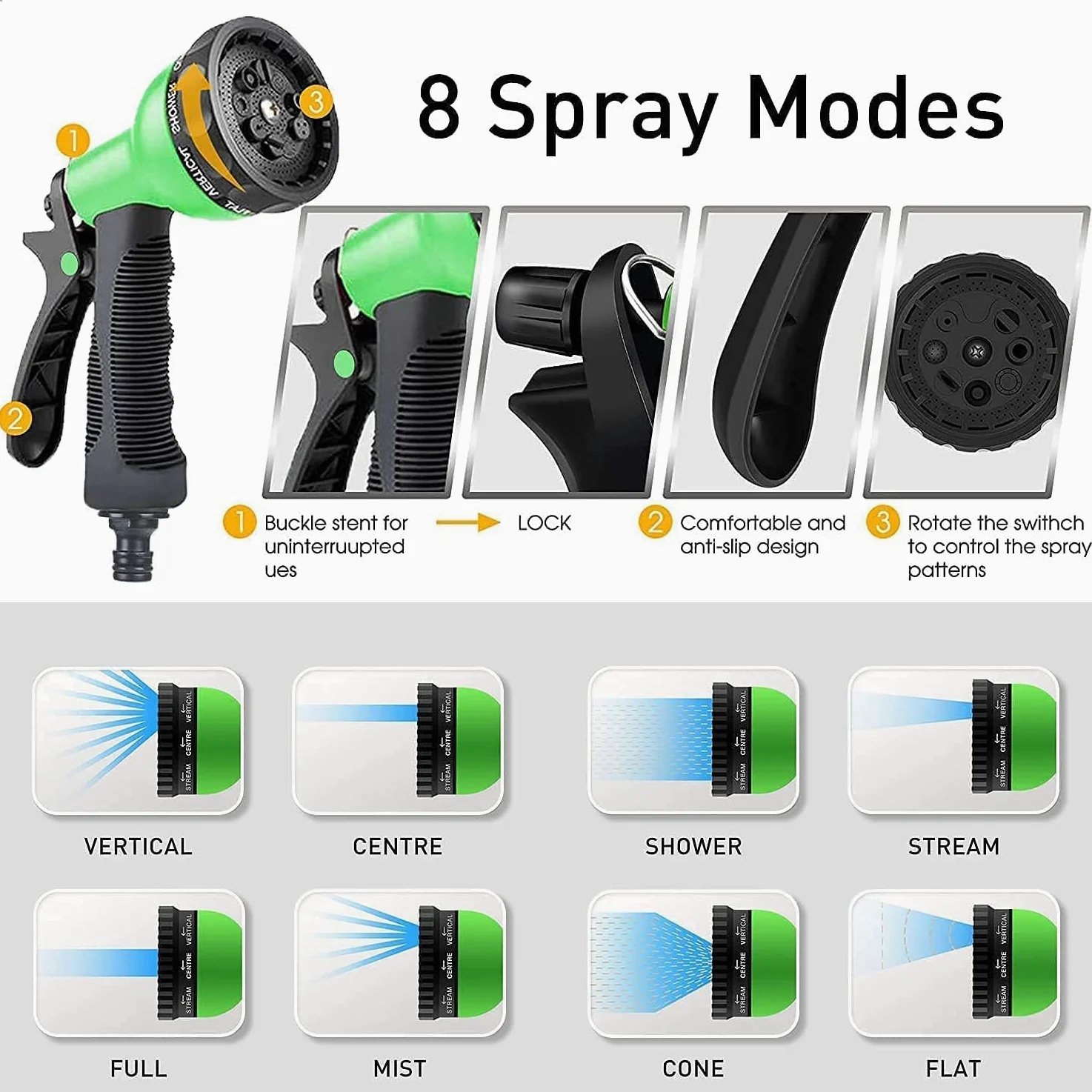 Yiting Tuyau d'arrosage extensible de 7.5m/15m/30m/37.5m/45m/60m avec 8 mode pulvérisation, Adaptable 1/2" et 3/4" raccords de connecteur, hose-Tuyau extensible à Pression d'Eau (37.5 Mètres, Vert)