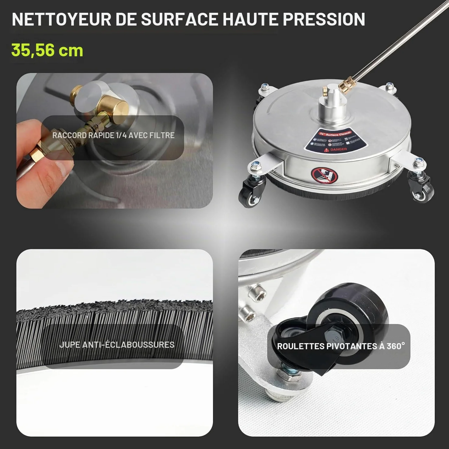 14“ Nettoyeur de Surface pour Nettoyeur Haute Pression, avec 4 Roues, 2 rallonges, pour béton, Patio, Trottoir, terrasse, allée, connecteur Rapide 1/4"