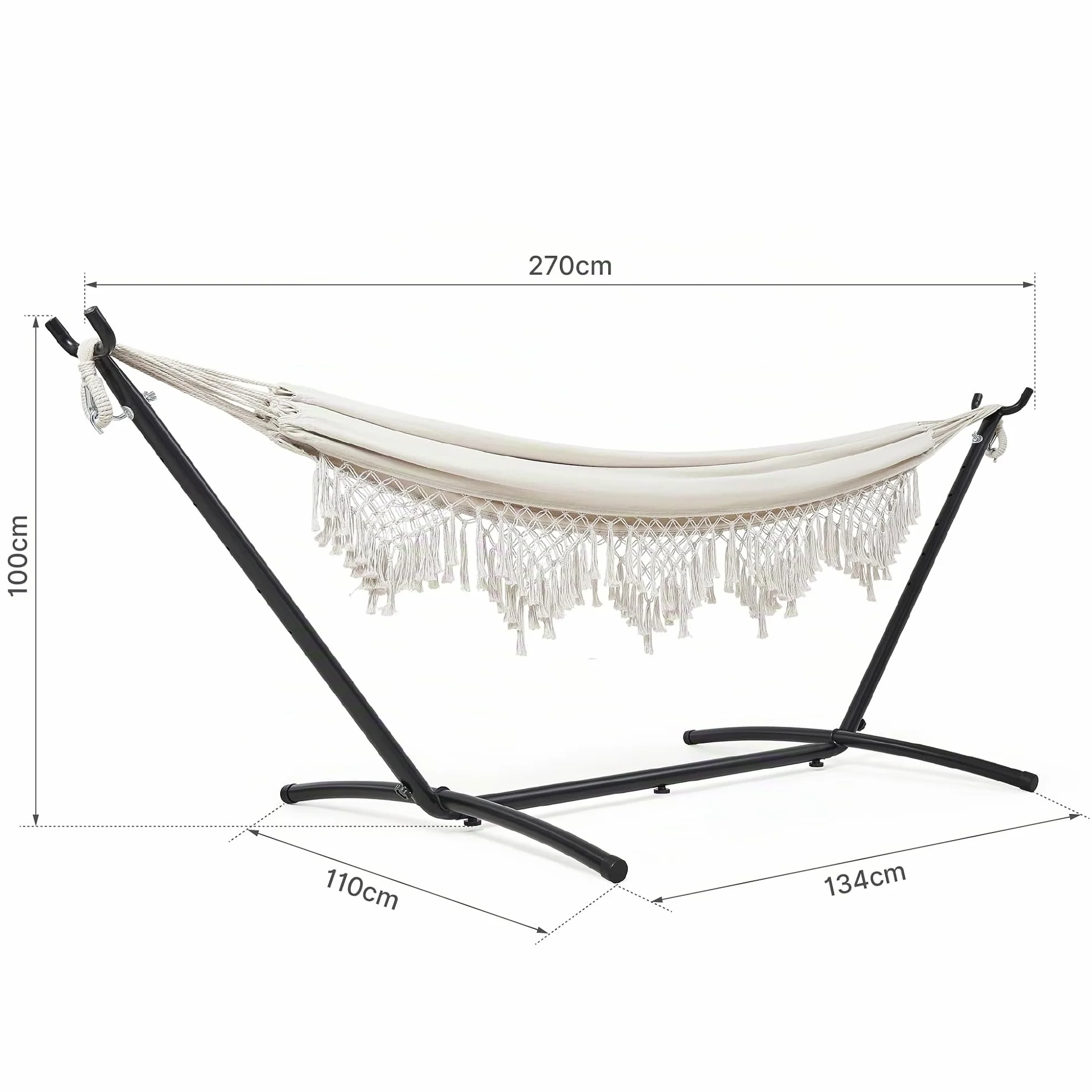 Mondeer Hamac Double avec Support, Bohème hamac sur Pied Portable avec Cadre Robuste Réglable, Adapté Terrasses Extérieures, Patios Jardins, Charge Maximale 200kg, Beige | Hamac de camping portable avec cadre en métal réglable et sac de transport, style b