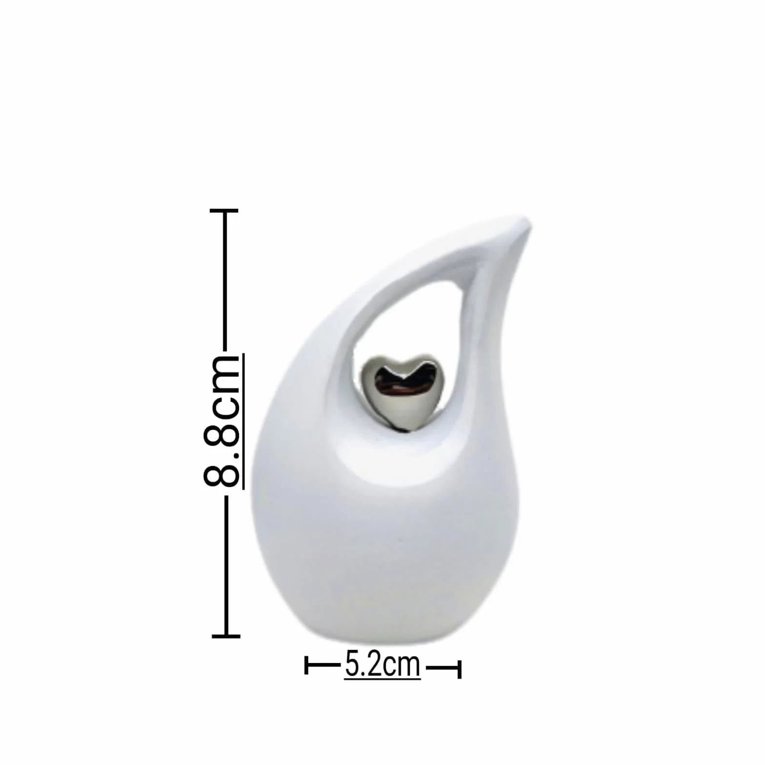 Urne funéraire en forme de larme blanche mate pour cendres humaines avec cœur argenté 3 pouces