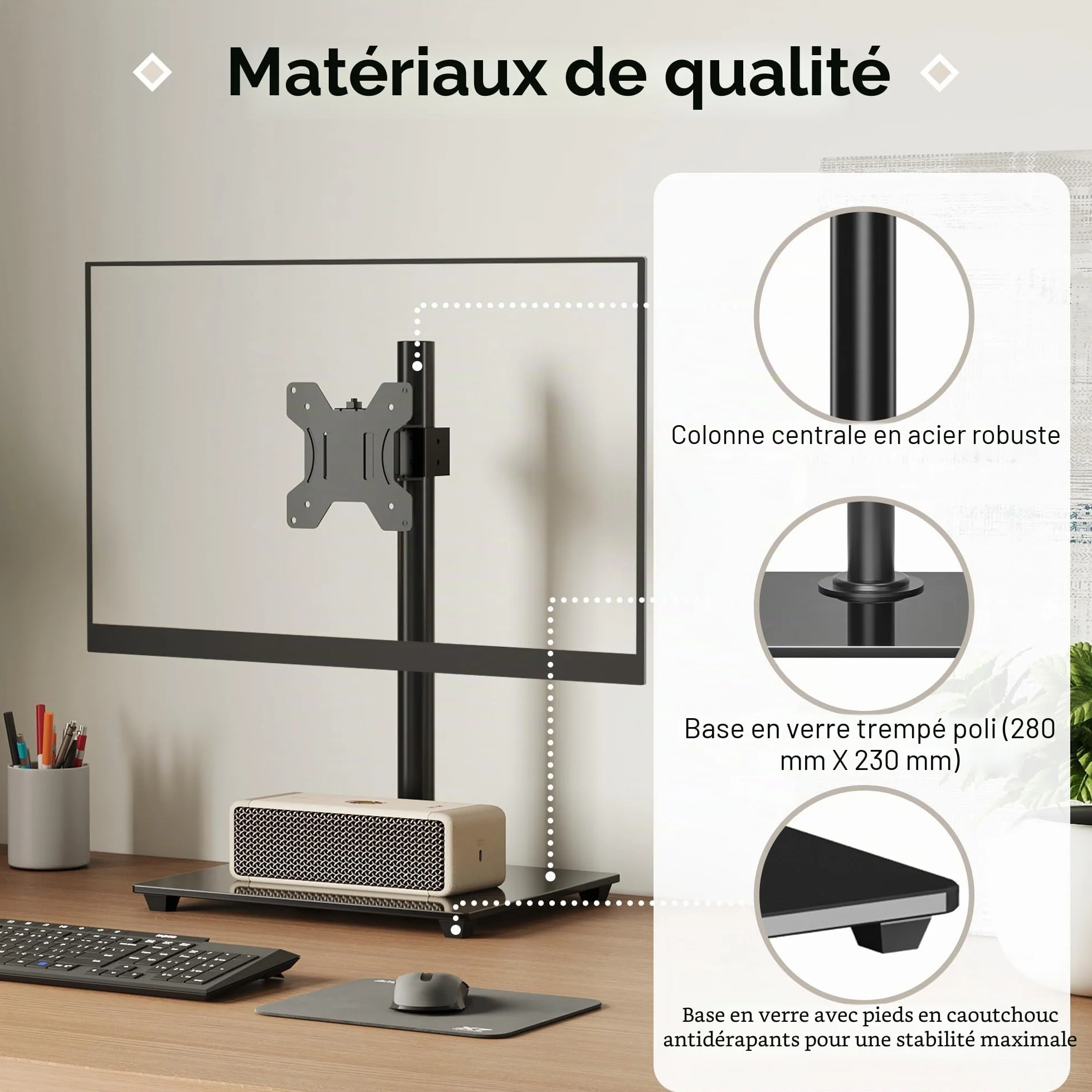 BONTEC Support Écran 13-32 Pouces, Bras Réglable Moniteur Plat/Incurvé, Socle Verre Trempé, Inclinaison ±75°, Pivotement ±80°, Rotation 360°, Max 10kg, VESA 75/100mm