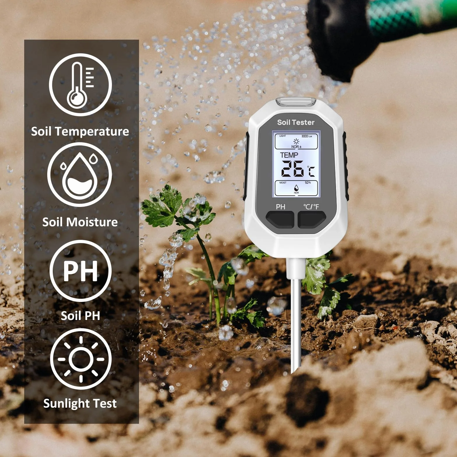 YAMRON Humidimètre 4 en 1 pour plantes, température numérique du sol, humidité du sol, pH, intensité de la lumière du soleil, affichage LCD, testeur de sol pour