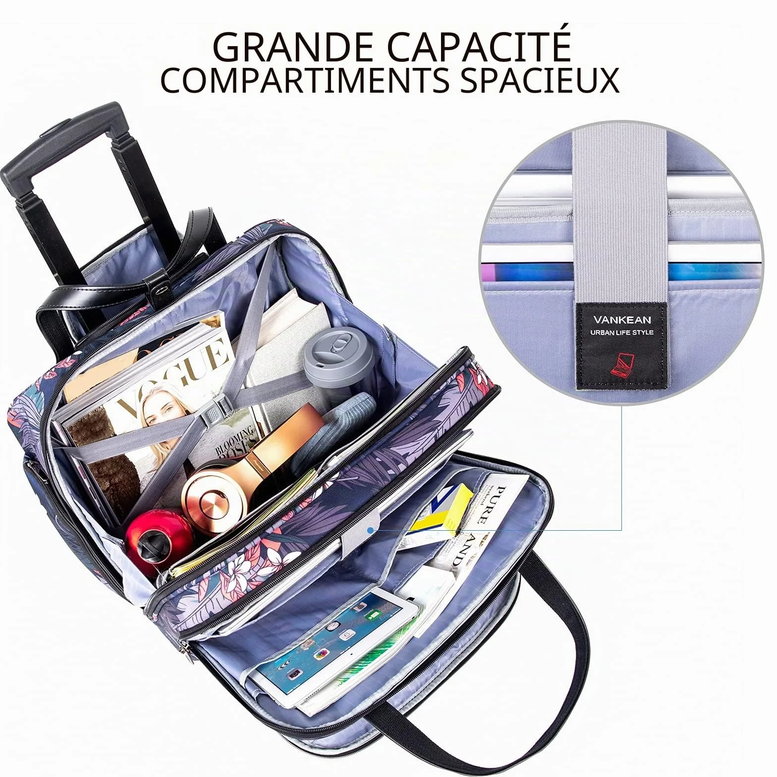VANKEAN Sacoche à roulettes ordinateur portable 15.6 pouces étanche RFID voyage femmes