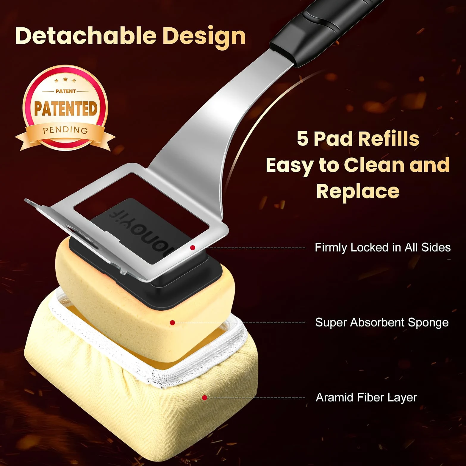 Brosse pour barbecue sans poils avec 5 coussinets remplaçables | Tête de nettoyage remplaçable pour grille de barbecue - Pour grille en fonte et acier inoxydable - Cadeau pour homme et papa