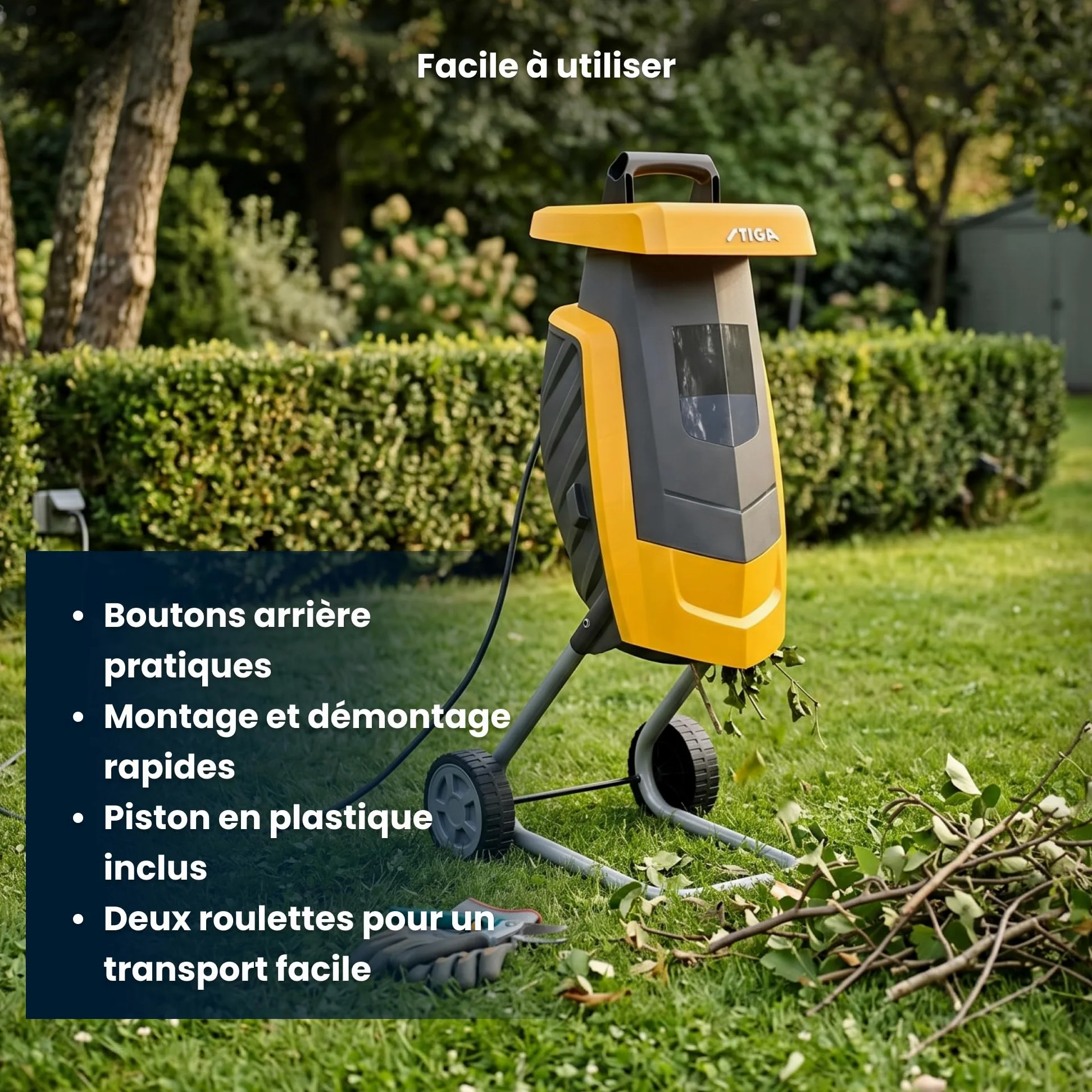 STIGA Bio Master 2200 Broyeur Électrique, 2 200 W, Sac 50 L – Disque 2 Lames Réversibles, Poussoir Inclus – pour Déchets De Jardin