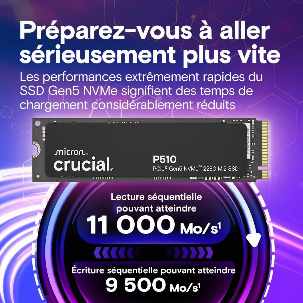 Crucial P510 SSD 1To PCIe 5.0 x4 NVMe M.2, Lecture 11.000 Mo/s, Écriture 9.500 Mo/s, TLC NAND, Disque Dur Interne