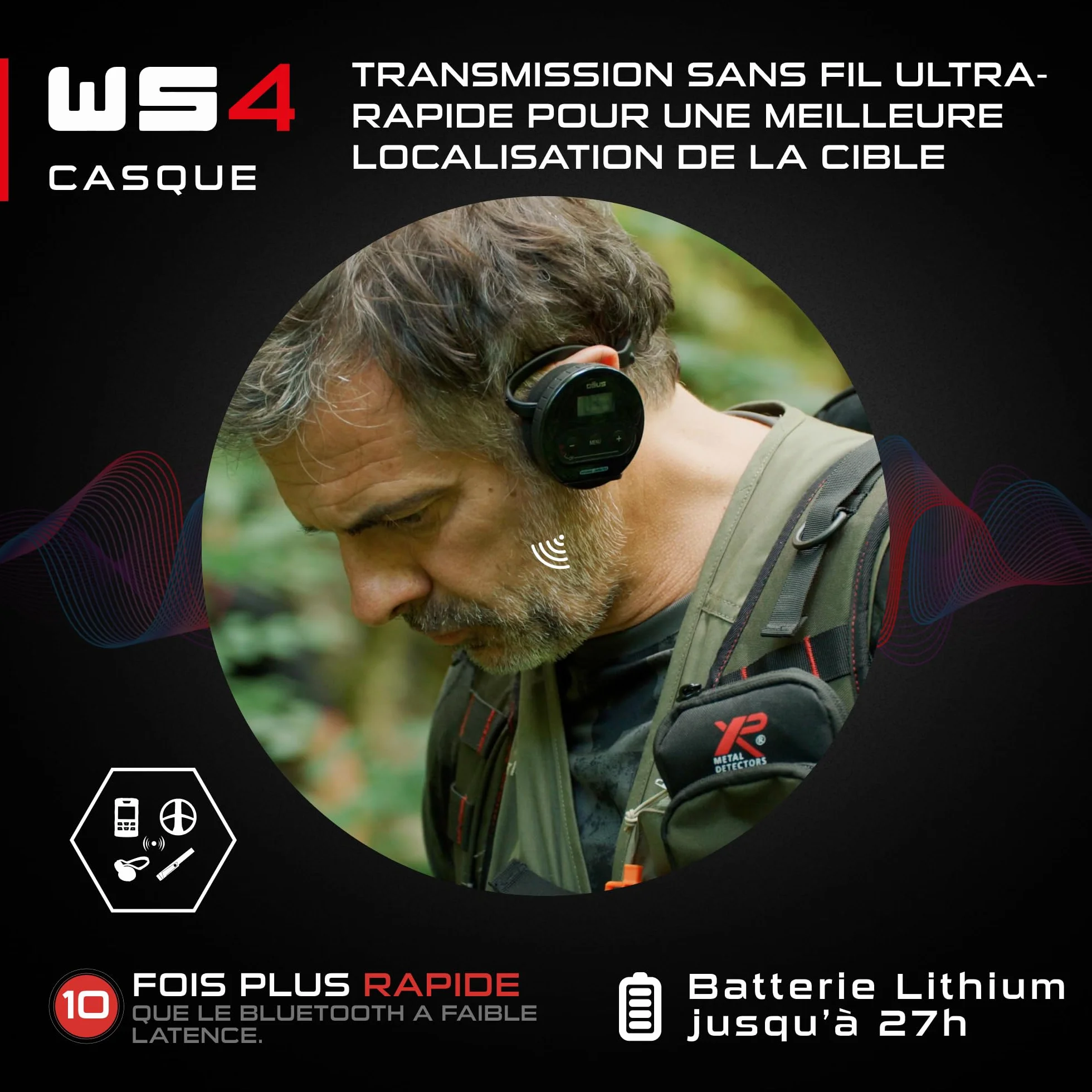 Casque sans-fil XP METAL DETECTORS WS4 pour détecteur de métaux Deus, imperméable, pliable, léger avec module détachable