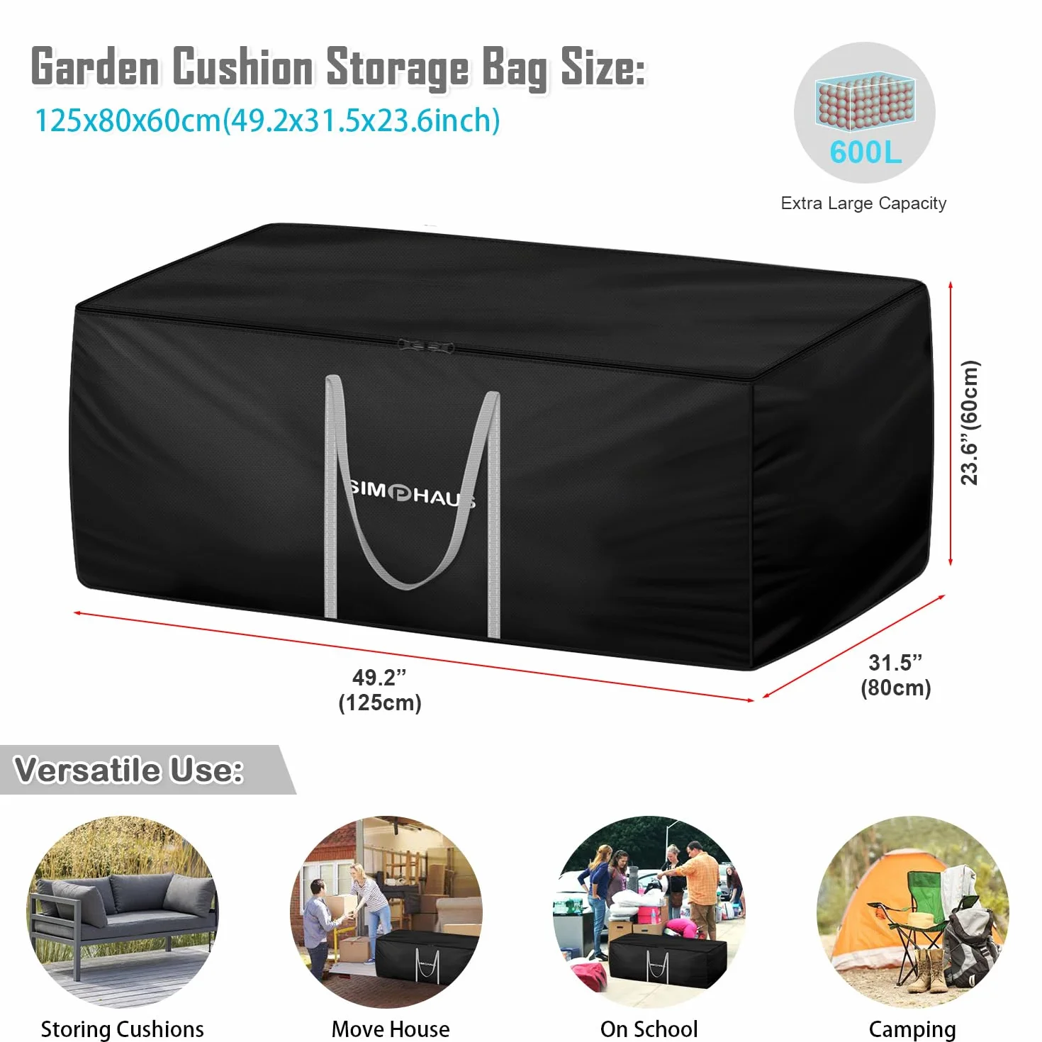 Housse de Rangement Coussin Jardin Imperméable Tissu Oxford 420D 125x80x60cm