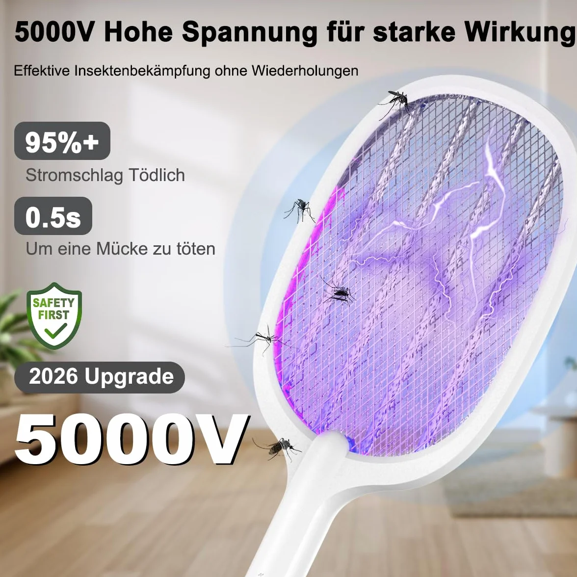 Raquette Electrique Insectes 5000V 2000mAh Anti Moustique UV USB-C Rechargeable 2 en 1 Intérieur Extérieur