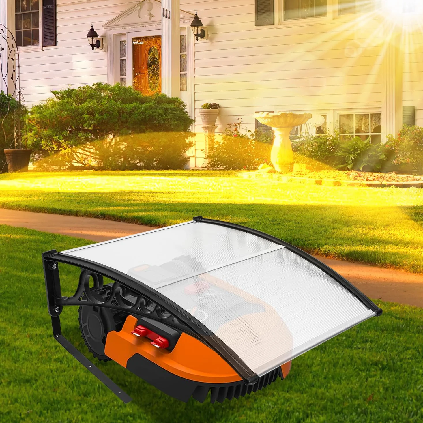 Eulenke Garage pour tondeuse robot à gazon, 105 x 85 x 45 cm, pour jardin, résistant aux intempéries et protection UV, avec pieds en métal, transparent