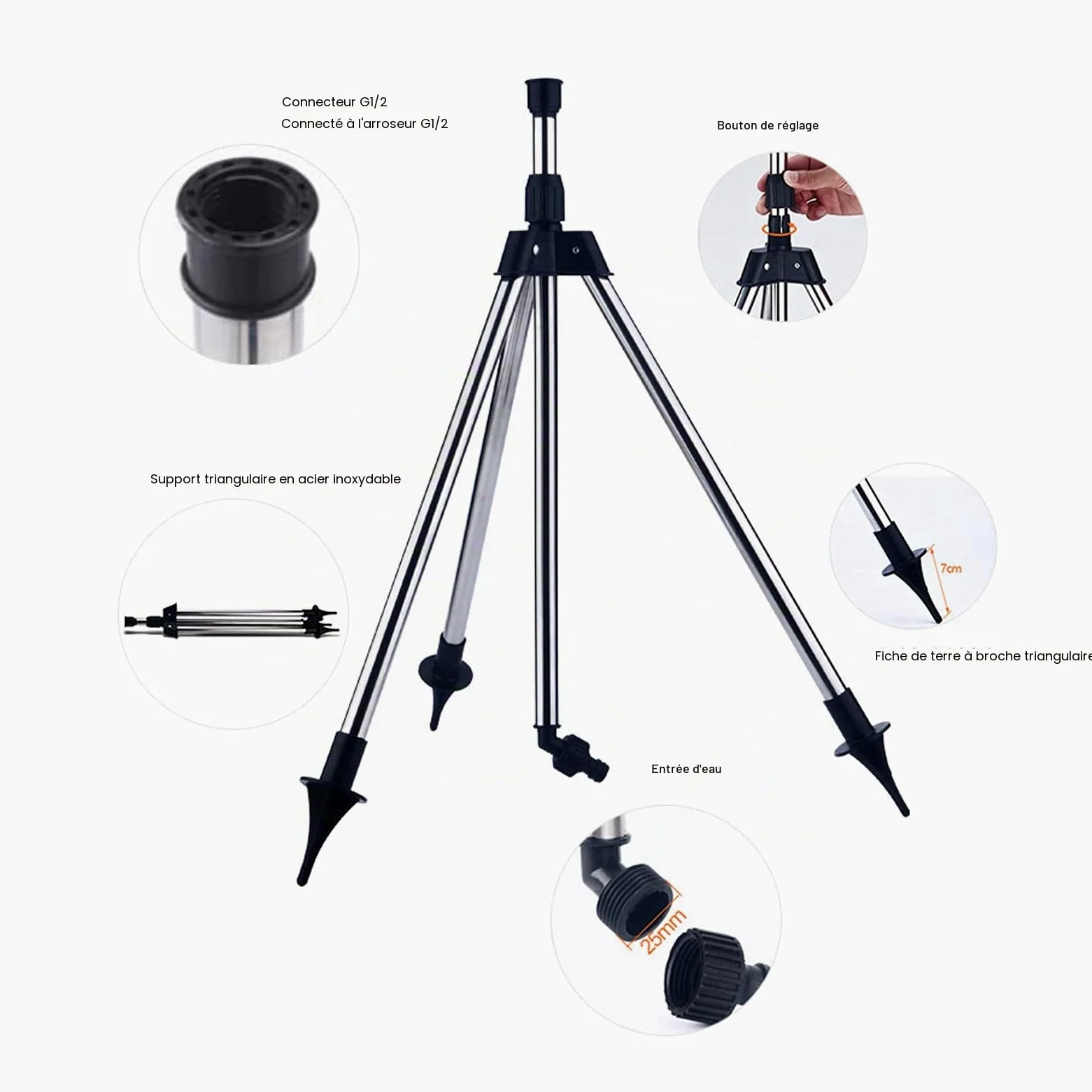 Arroseur Rotatif sur Trépied, Arroseur Rotatif à 360 Degrés en Acier Inoxydable pour L'irrigation du Jardin et L'arrosage des Plantes avec Trépied pour Une Utilisation Facile et Une Hauteur Réglable