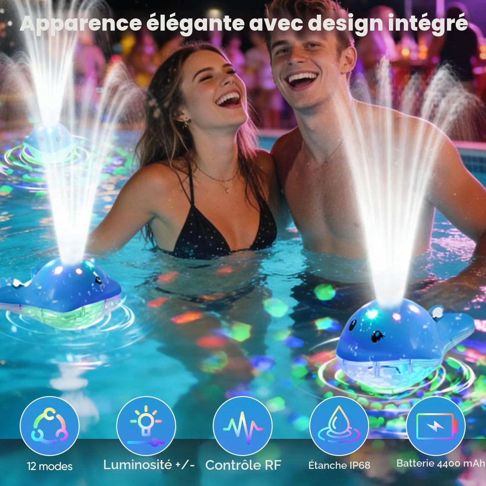Fontaine pour Piscine avec Lumières, Éclairage Flottant avec Télécommande, 12 Modes Couleur, 2 Réglages Jet, Rechargeable – pour Bassins Hors Sol Et Enterrés