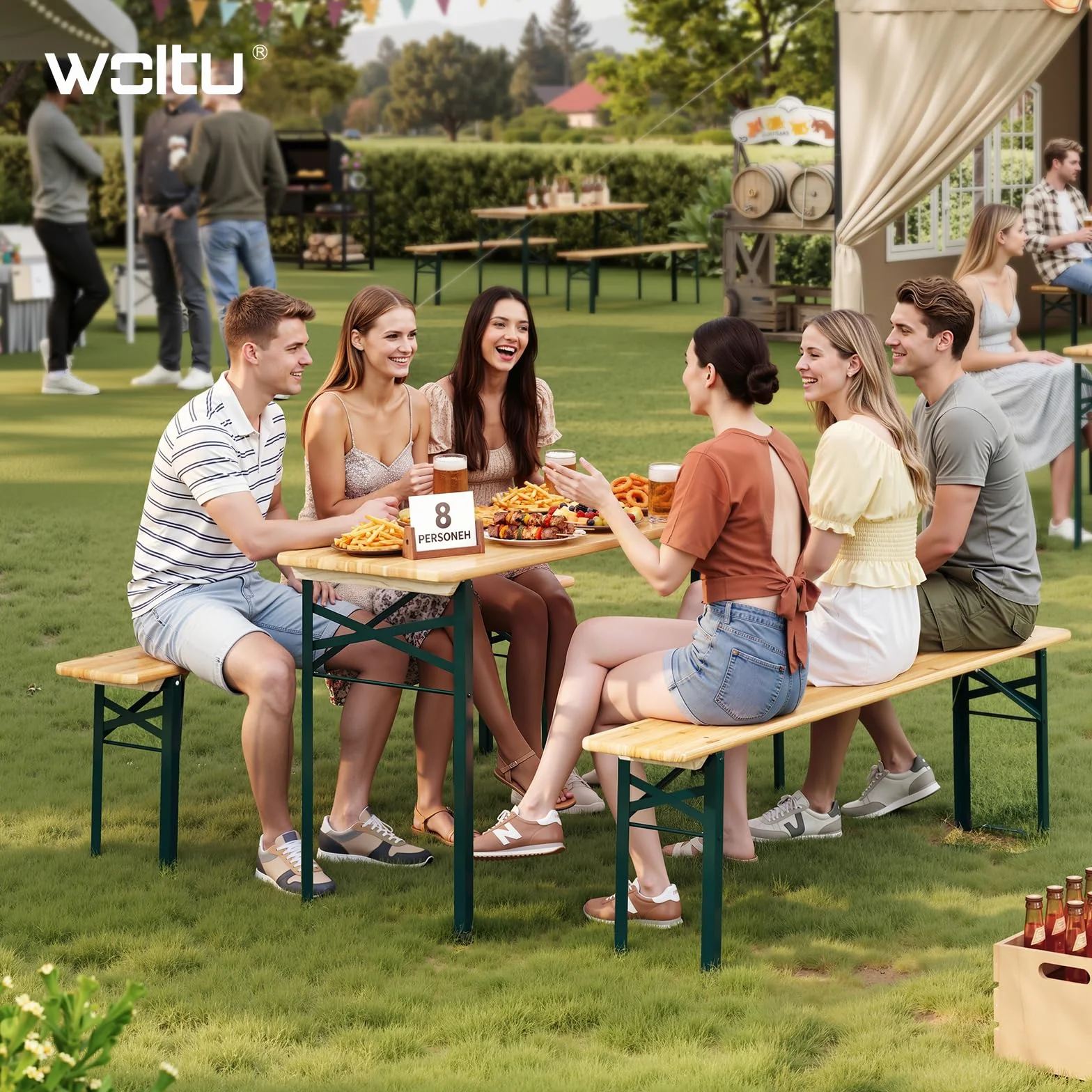 WOLTU Ensemble de Table et Banc de Brasserie 3 Pièces Table Pliante Extérieure avec 2 Bancs Pliables en Bois et Métal