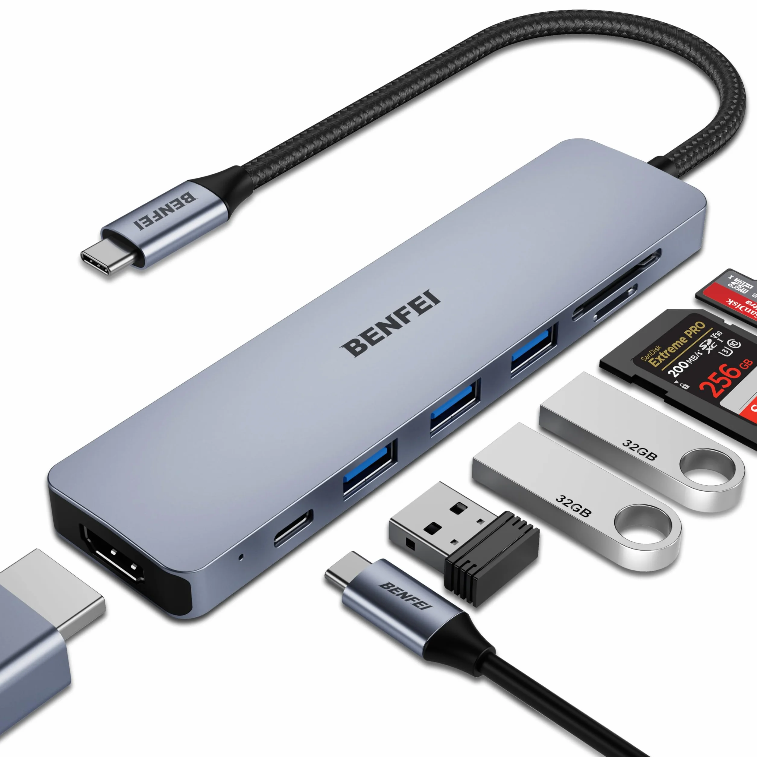 BENFEI Hub USB C 7 en 1, Adaptateur multiport USB-C avec HDMI 4K 60Hz, Alimentation 100W, USB 3.0 5Gbps, Lecteur de Carte SD/TF 160 Mo/s pour MacBook iPad
