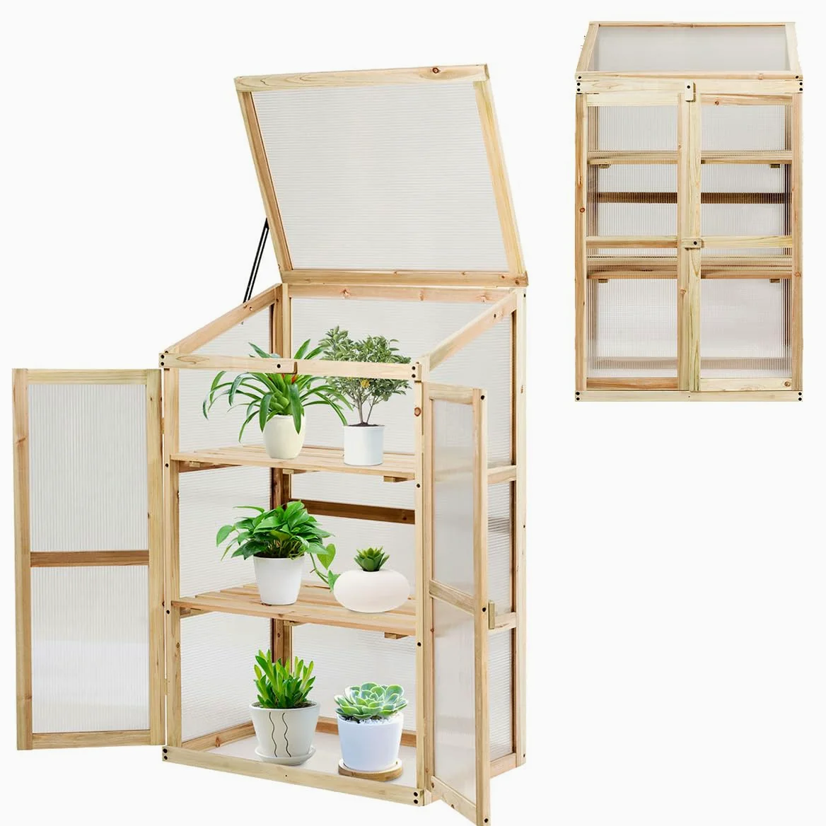HOMASIS Serre de Balcon PC en Verre avec 2 Étagères | Mini Serre de Jardin en Bois d'Épicéa avec Portes pour Légumes Plantes Fleurs 60 x 45 x 100 cm Naturelle