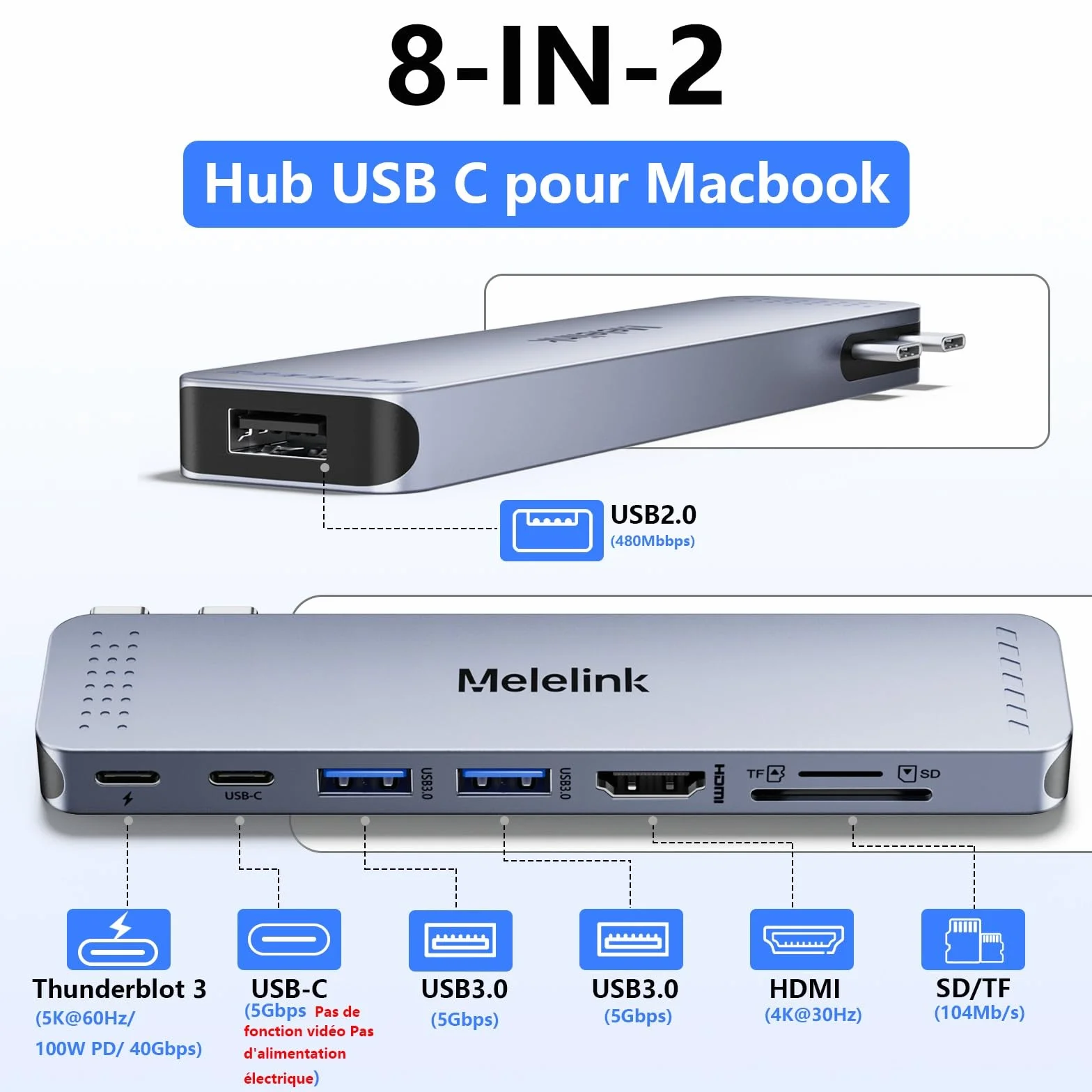 Hub USB C 8 en 2 Adaptateur HDMI 4K pour MacBook Pro/Air Thunderbolt 3 100W 40Gbps