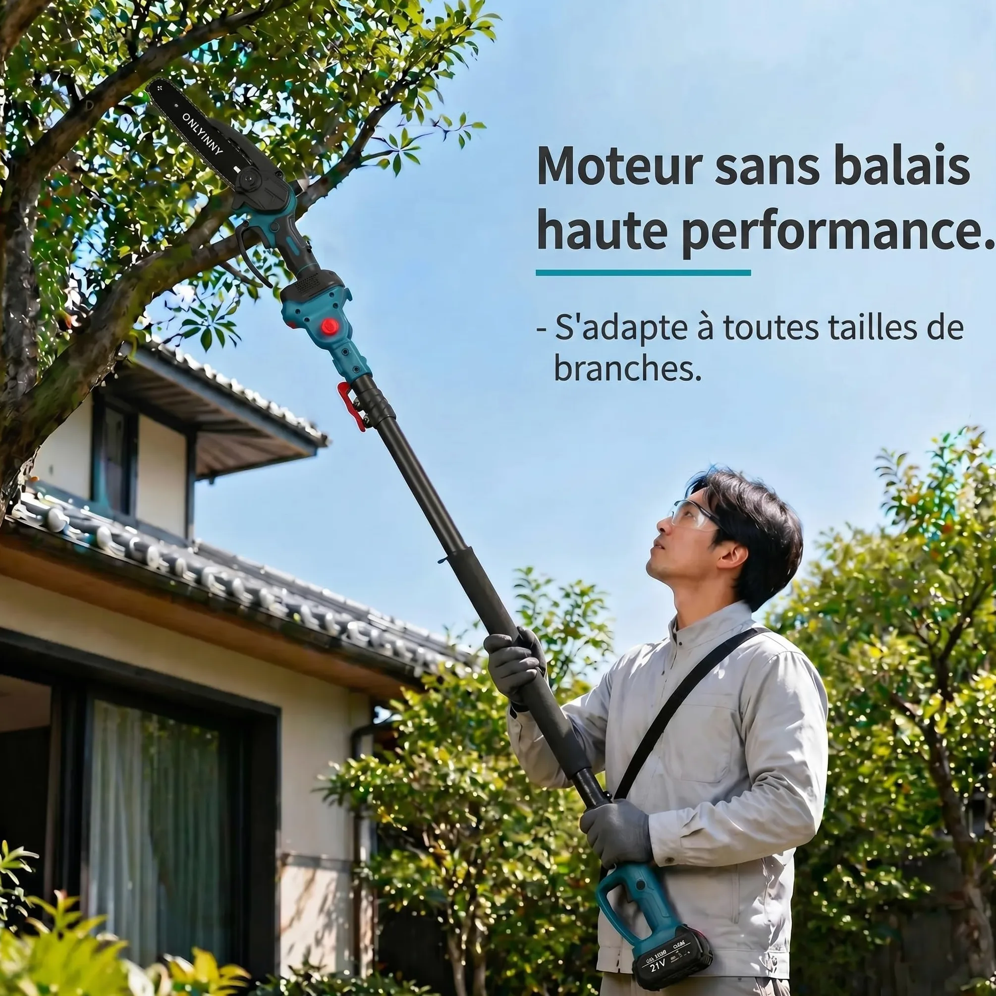 Tronçonneuse élagueuse 2-en-1 8 pouces moteur brushless 21V, perche télescopique, 2 batteries 4,0 Ah, verrouillage sécurité outil d'élagage arbres fruitiers jardin