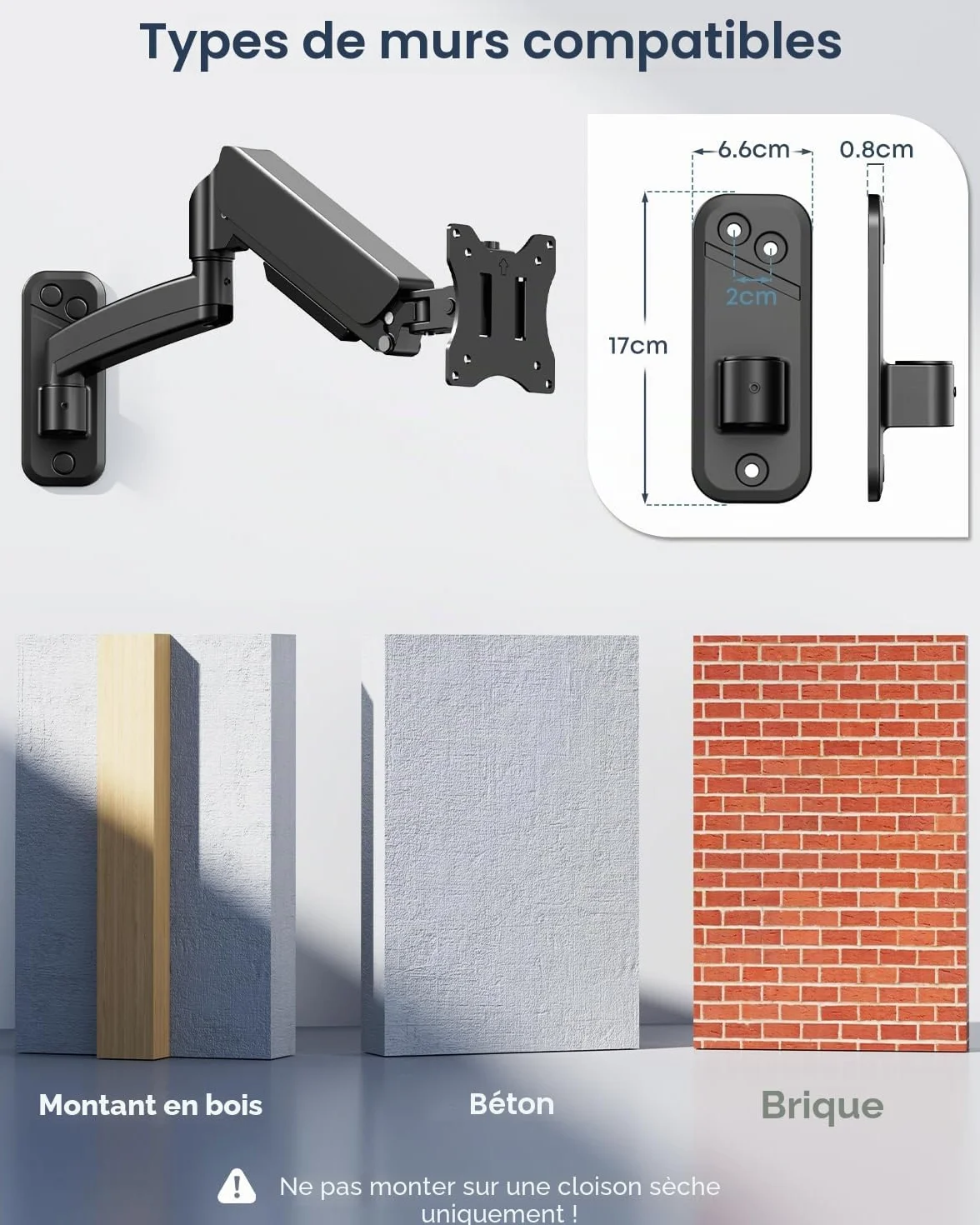 WORLDLIFT Support Mural Moniteur PC 17-32" Bras Ergonomique Réglable 9 kg VESA 75x100 mm