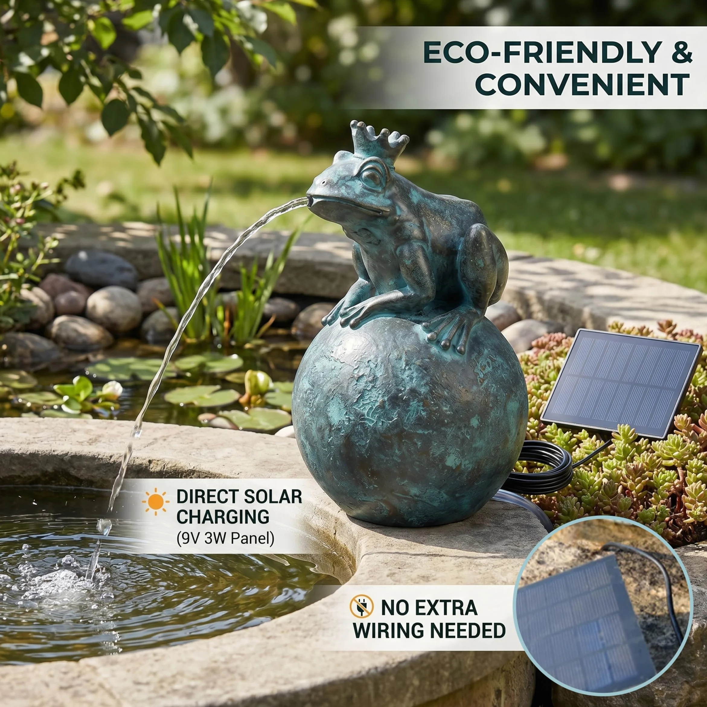Fontaine décorative solaire en forme de grenouille couronnée pour bassin, résine extérieure 12x12x21 cm