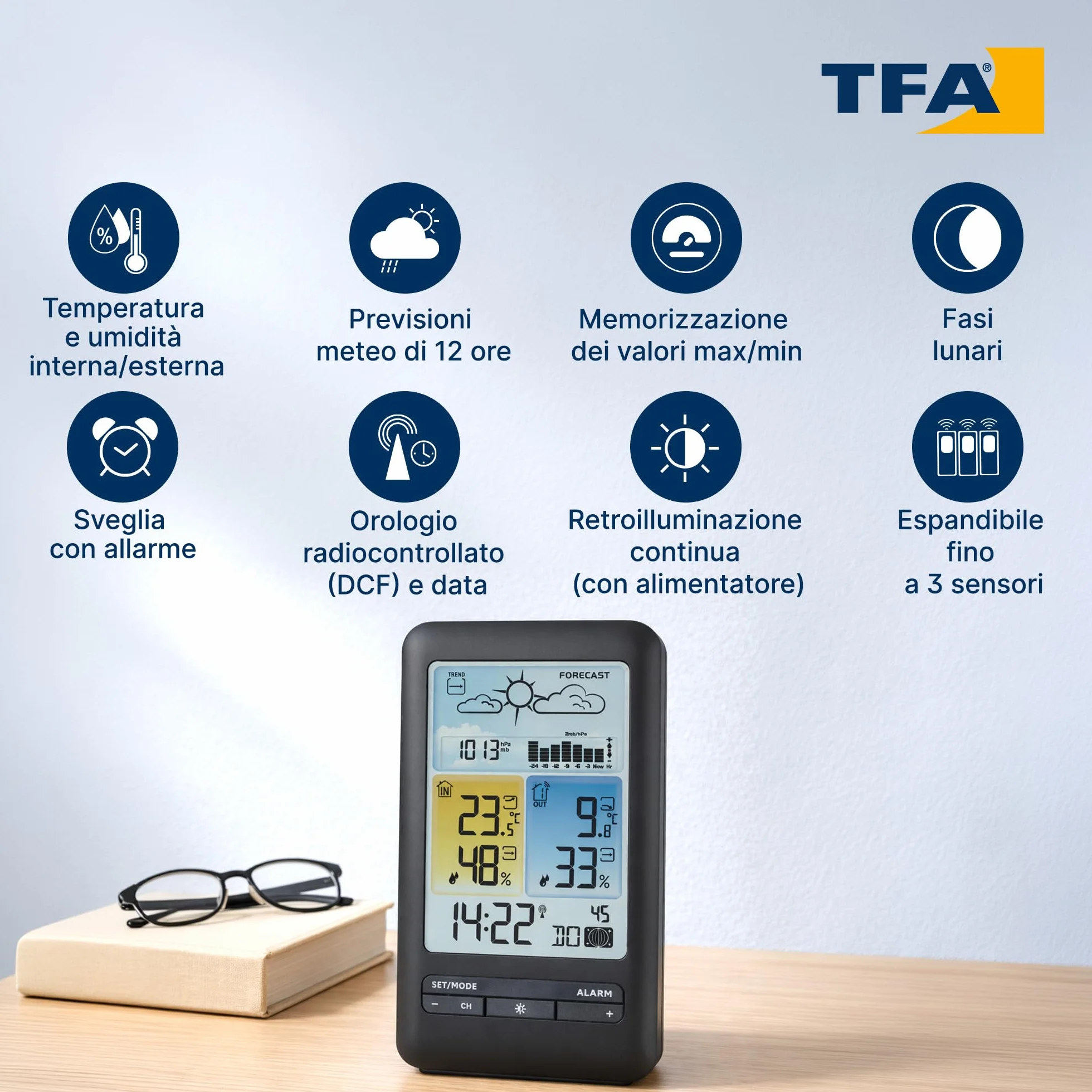 TFA Dostmann Station météo sans fil, 35.1165.01, prévisions météo avec symboles, pression atmosphérique avec graphique, phase de lune, horloge, valeurs max et min, en exclusivité sur Amazon, noir