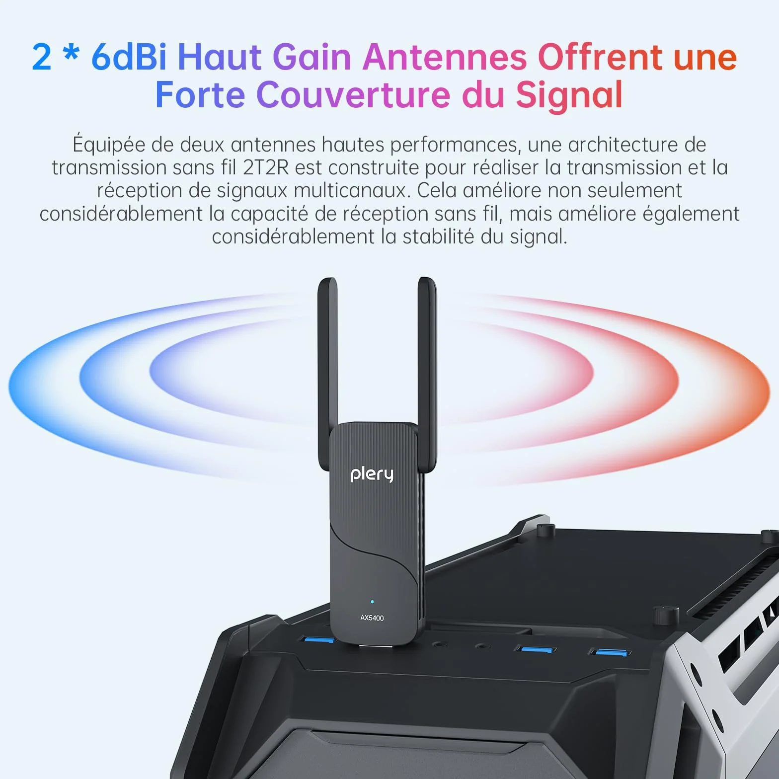 Clé WiFi 6 5400Mbps Tri-Bande 6GHz 5GHz 2,4GHz 2×6dBi Antenne USB 3.0 Dongle PC Windows 11/10 WPA3