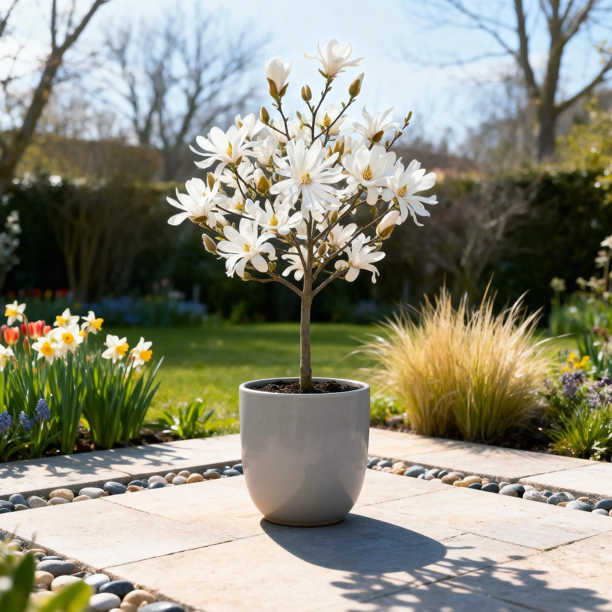 Magnolia stellata Plante sur Tige Pot 19cm Hauteur 90cm Fleurs Blanches Feuillage Caduc