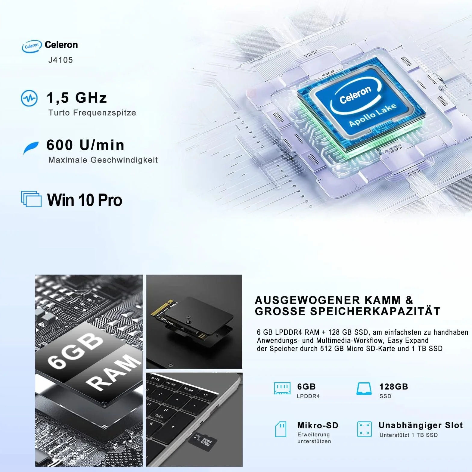 NOTODD Ordinateur Portable 14 Pouces 6 Go RAM 128 Go SSD 1TB Win11 Celeron J4105 WiFi BT4.2 Mini HDMI AZERTY