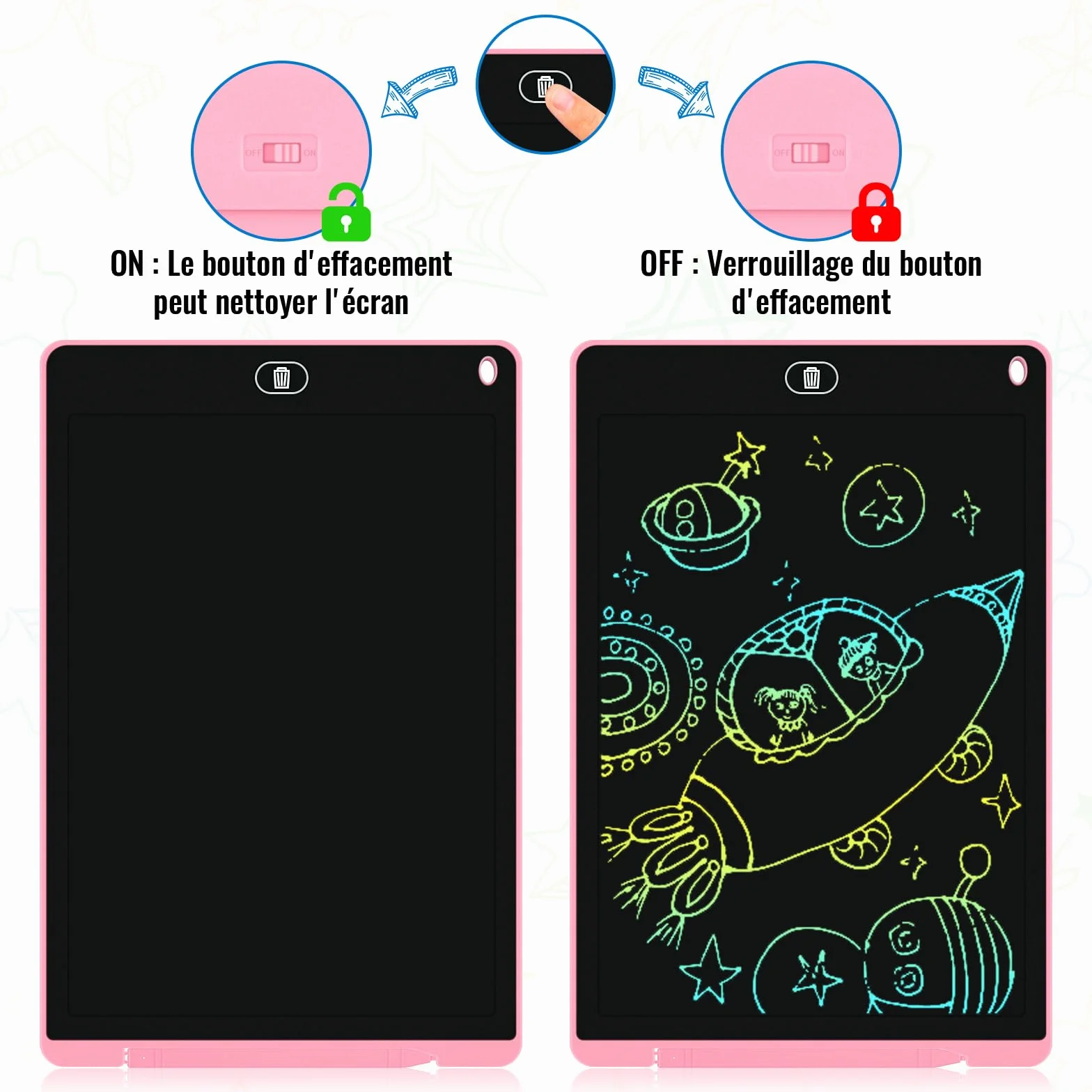 Electight Tablette Dessin Enfants 12 Pouces LCD Colorée avec Bouton Effacement Verrouillage Bleu Rose Violet
