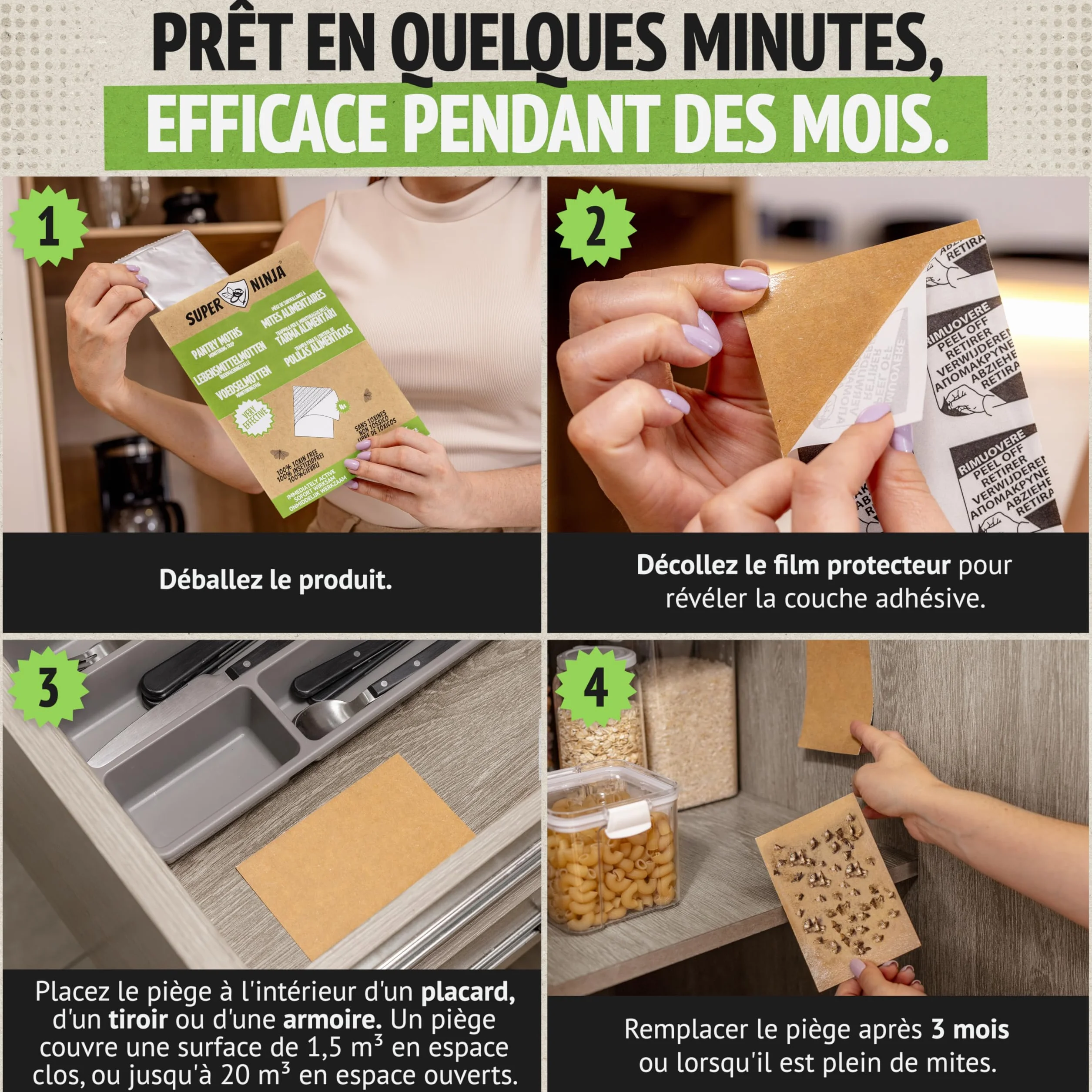 Super Ninja Anti Mites Alimentaires Pack de 4 Pièges avec Phéromone Attractif Cuisine Placards Protection 3 Mois