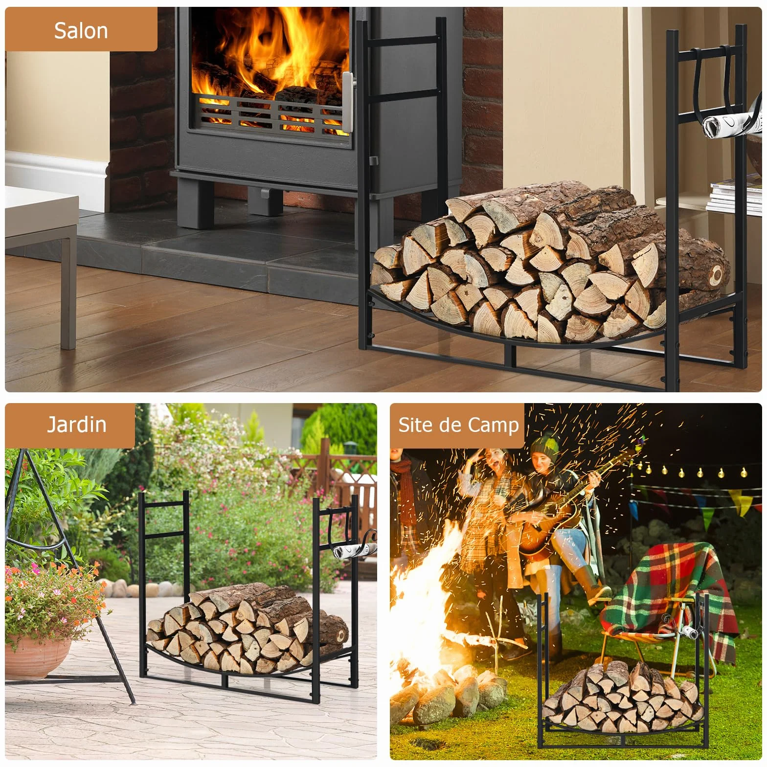 GOPLUS Range Bûches Cheminée Porte Buches Bois Chauffage Intérieur Extérieur Support Amovible 50 kg 84 x 33 x 76 cm