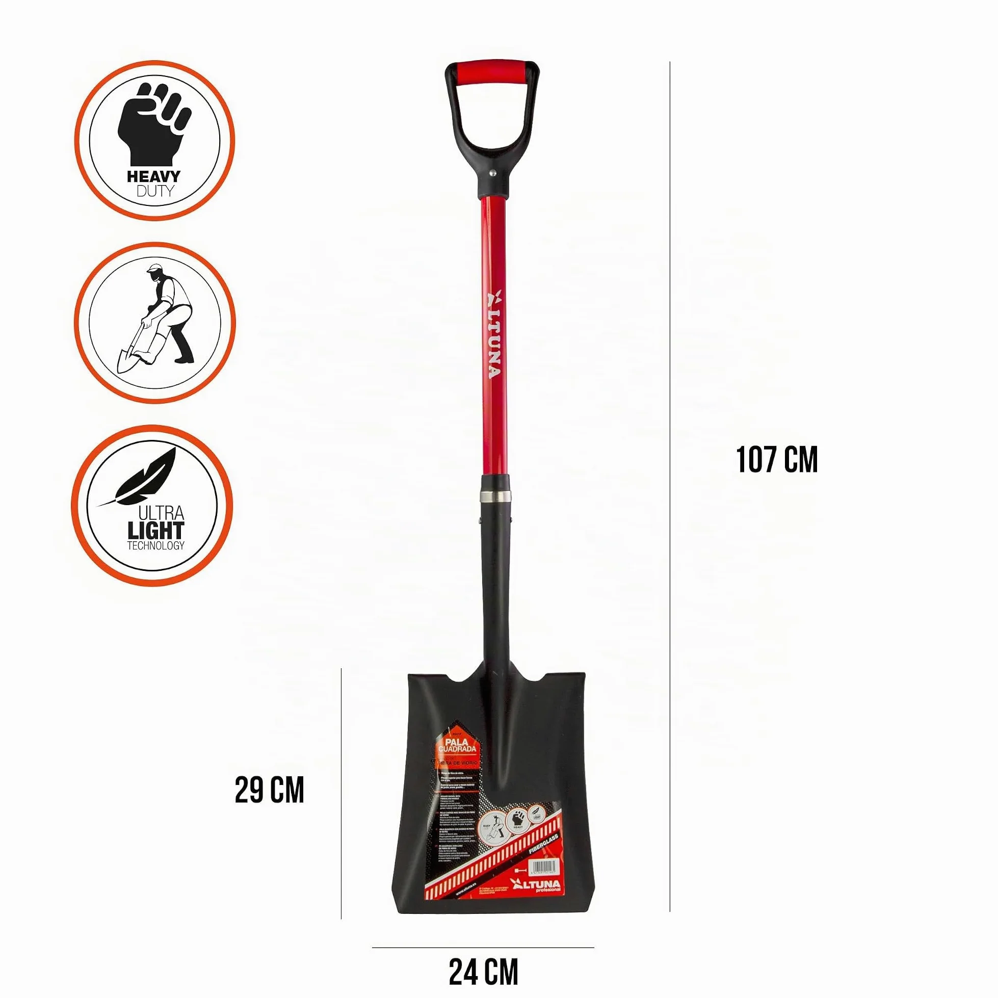 Altuna - Pelle de Jardin Robuste - 24 x 28 x 105 cm - Modèle 8541F - Capacité Extra Forte avec Manche en Fibre de Verre - Idéal pour la Construction et l'agriculture