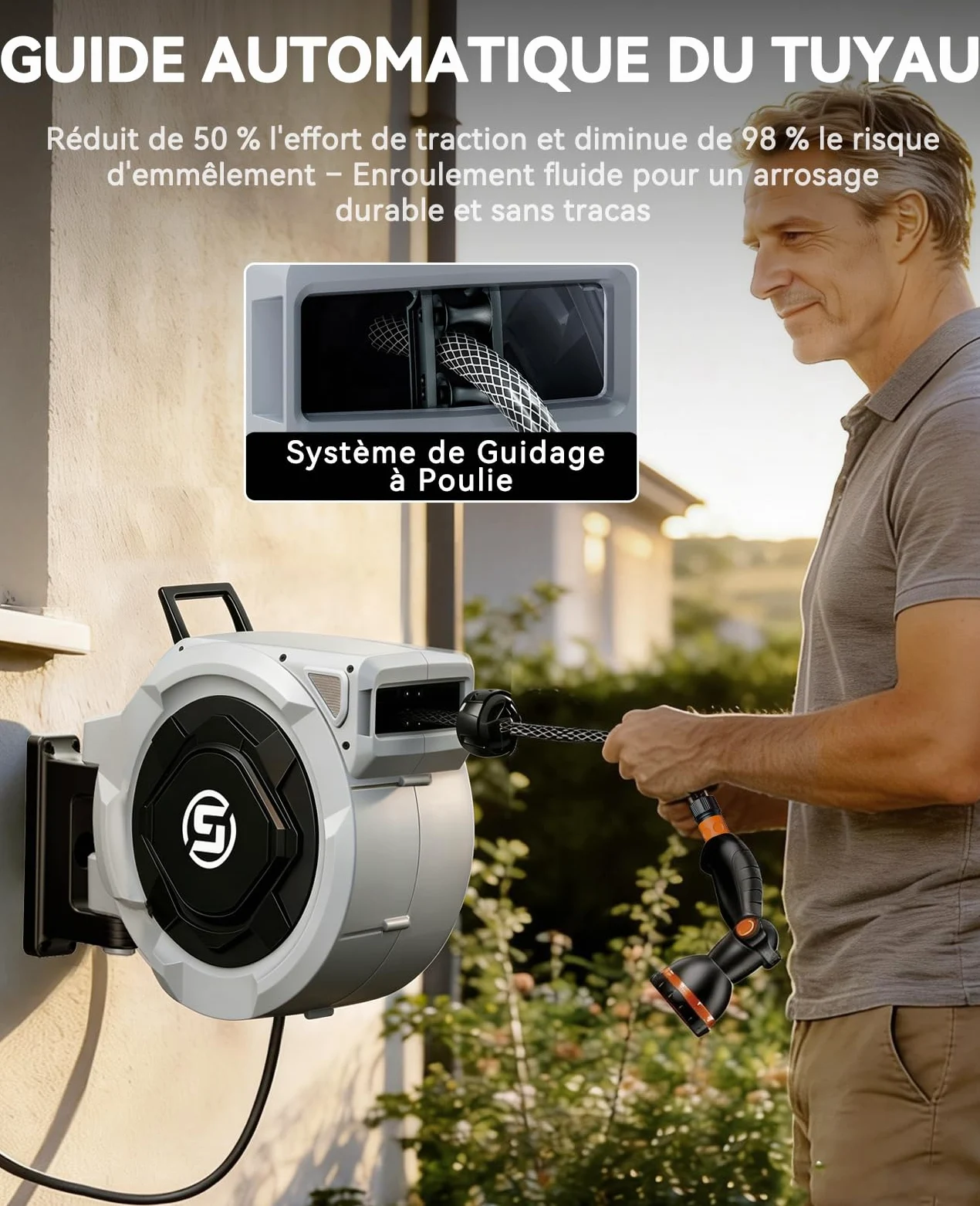 Sunpow Enrouleur de Tuyau d'Arrosage 30m x 16mm,Rétraction Automatique | Avec Buse 10 Positions,Blocage à N'importe Quelle Longueur, Raccords Pivotants à 180° Pour La Pelouse et Le Jardin