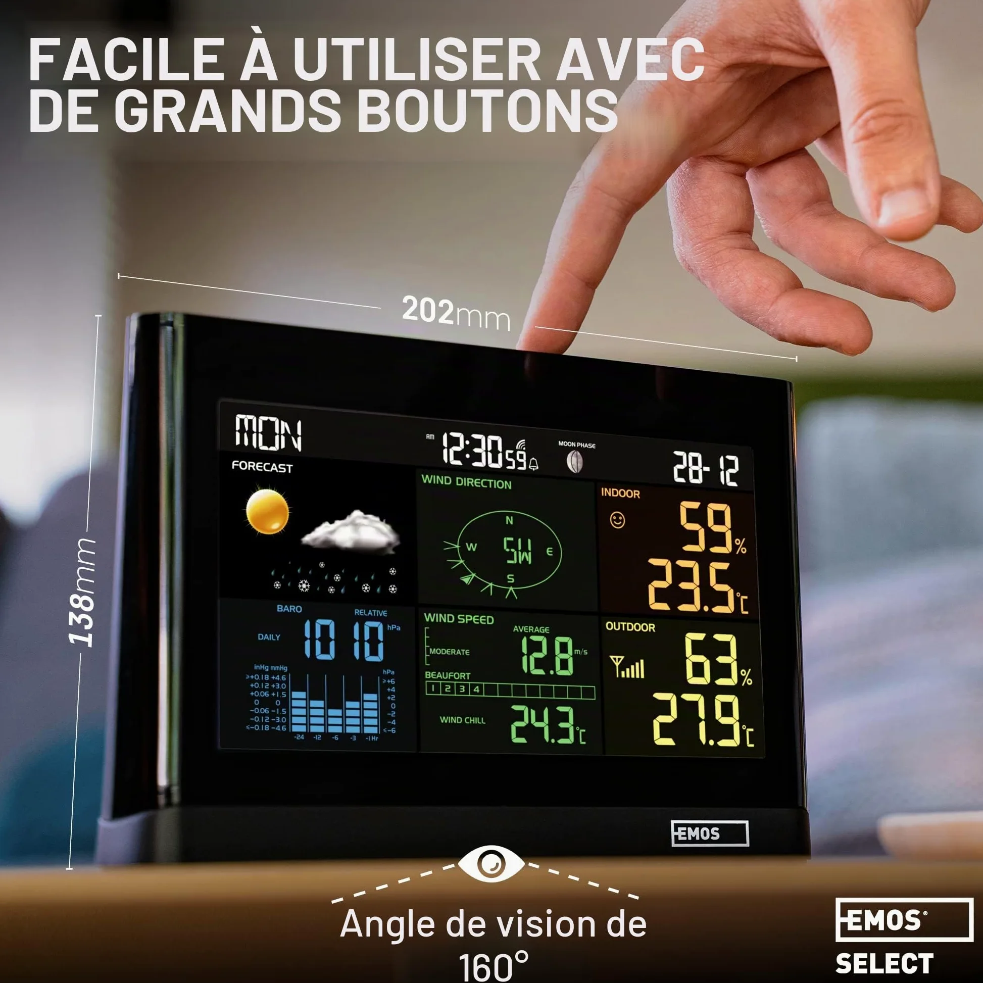 EMOS - Station Météo Intérieur Extérieur sans Fil avec Pluviomètre et Anémomètre - Date & Heure, Température, Humidité, Pression de l'Air, Indice de Chaleur & de Confort - Prévision 12-24h