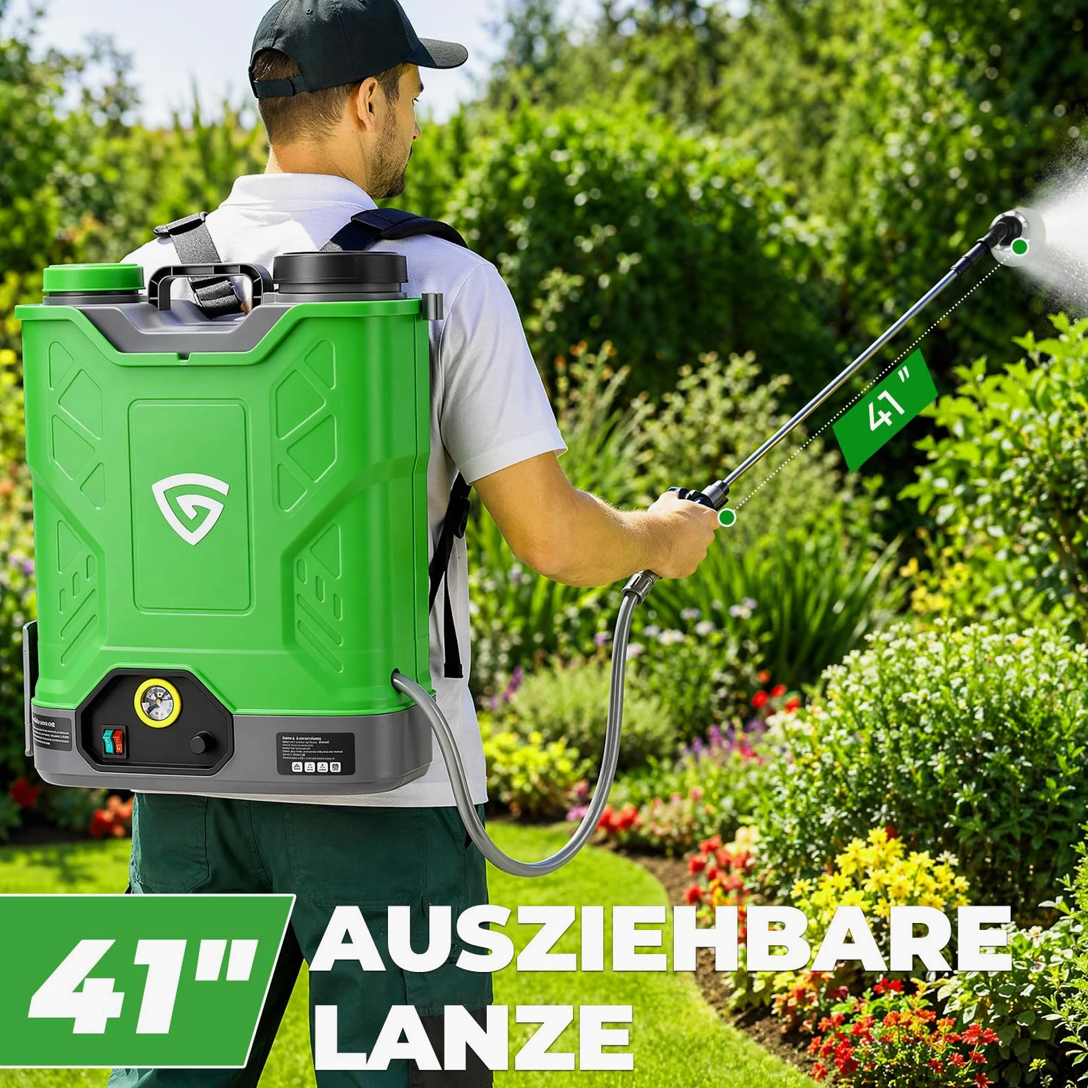 Pulvérisateur à pression sans fil 18 l avec 2 batteries 21 V 4,0 Ah, pulvérisateur arrière avec pression de 0 à 100 psi, système de mélange, 7 buses et lance télescopique, pour jardin