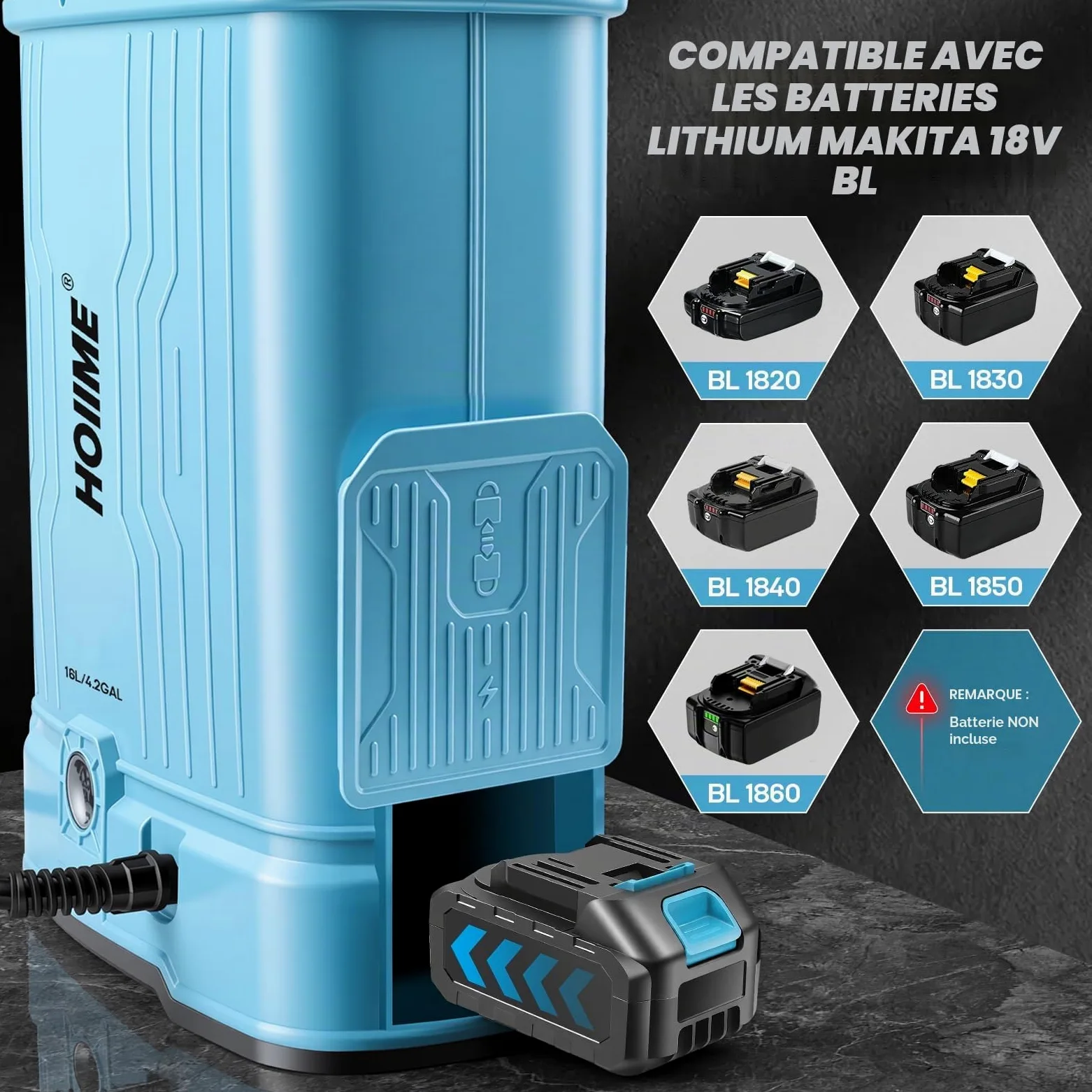 Pulvérisateur à Pression sans Fil 16L Pulvérisateur de Jardin, 7 Buses Pulvérisateur à Plantes Électrique 100PSI Résistance de pulvérisation réglable, Compatible avec les batteries Makita 18V