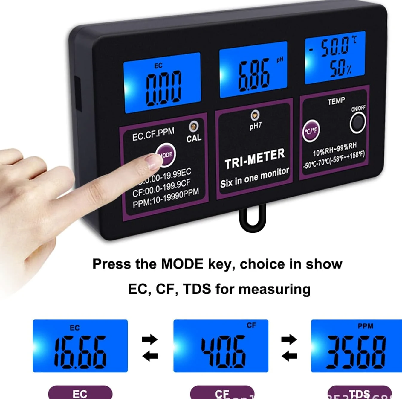 Testeur de qualité de l'eau 6 en 1, multiparamètre Professionnel pour Aquarium pour Test PH/Temp/EC/CF/RH/TDS, pour Sources d'eau, Aquarium, Culture hydroponique
