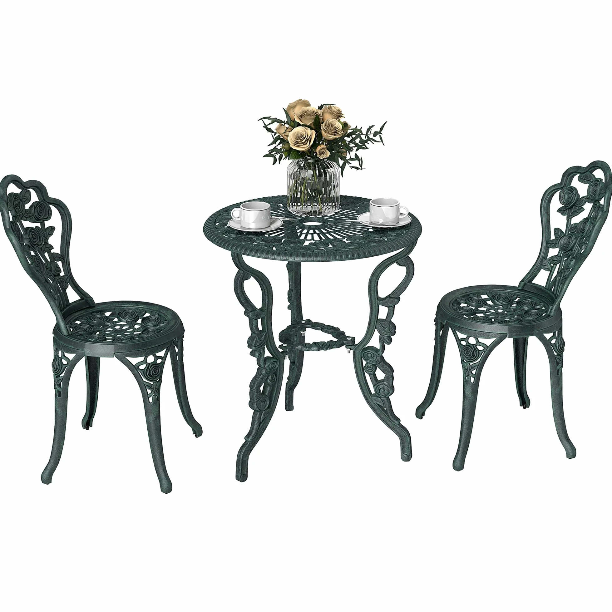 Outsunny Ensemble Salon de Jardin 2 Places Table Ronde Fonte d'Aluminium Vert Vieilli