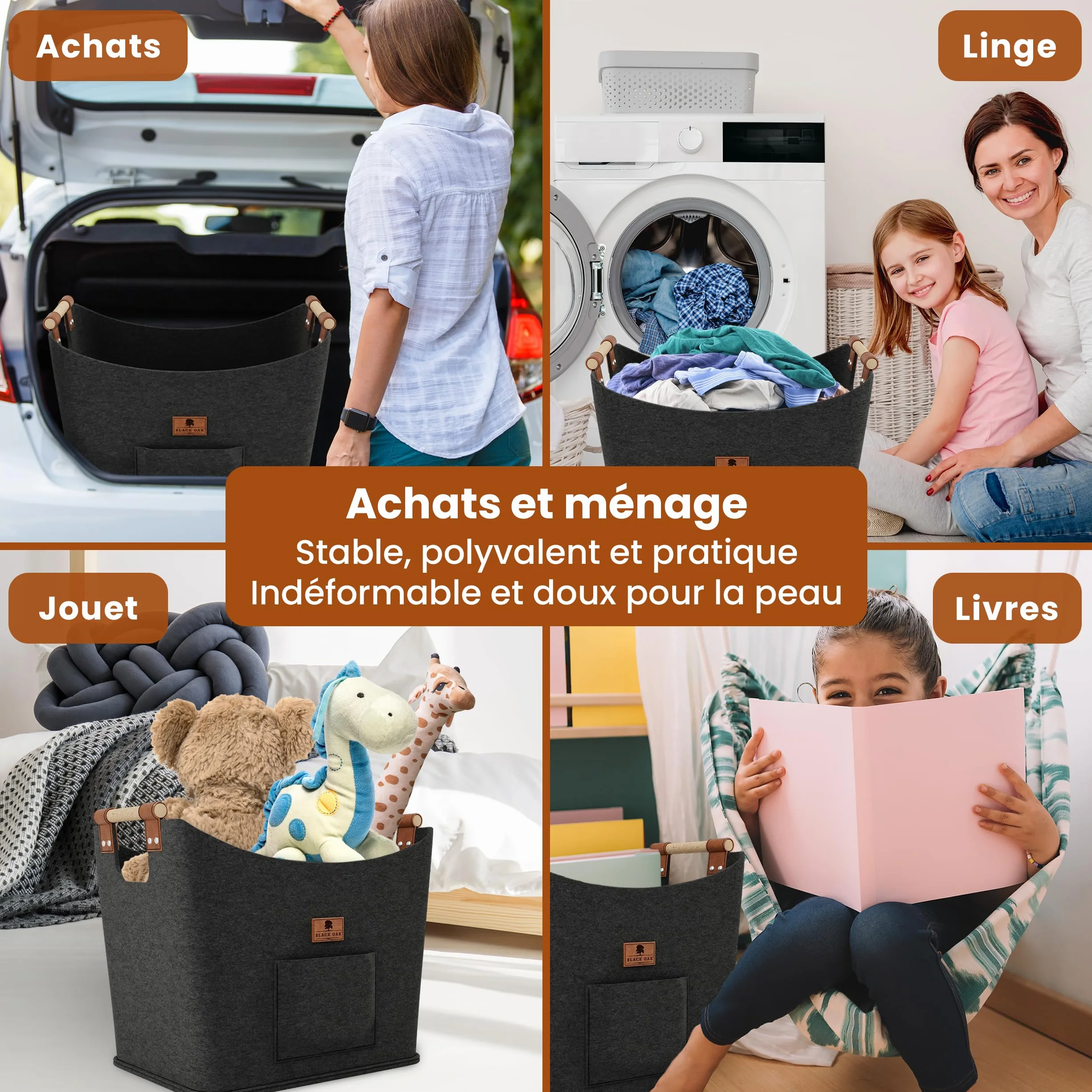 BLACK OAK Montana XL Panier en feutre et bois pour bois de chauffage, cuir véritable, poignées larges, poche avant extra grande, pliable