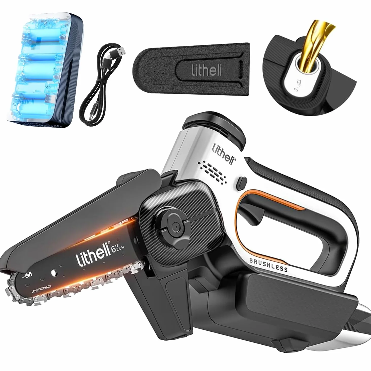 Litheli 20V Mini Tronçonneuse 15cm, Moteur Brushless, 10000mAh | Batterie compatible toute la gamme U20, charge USB-C avec fonction powerbank, lubrification auto.