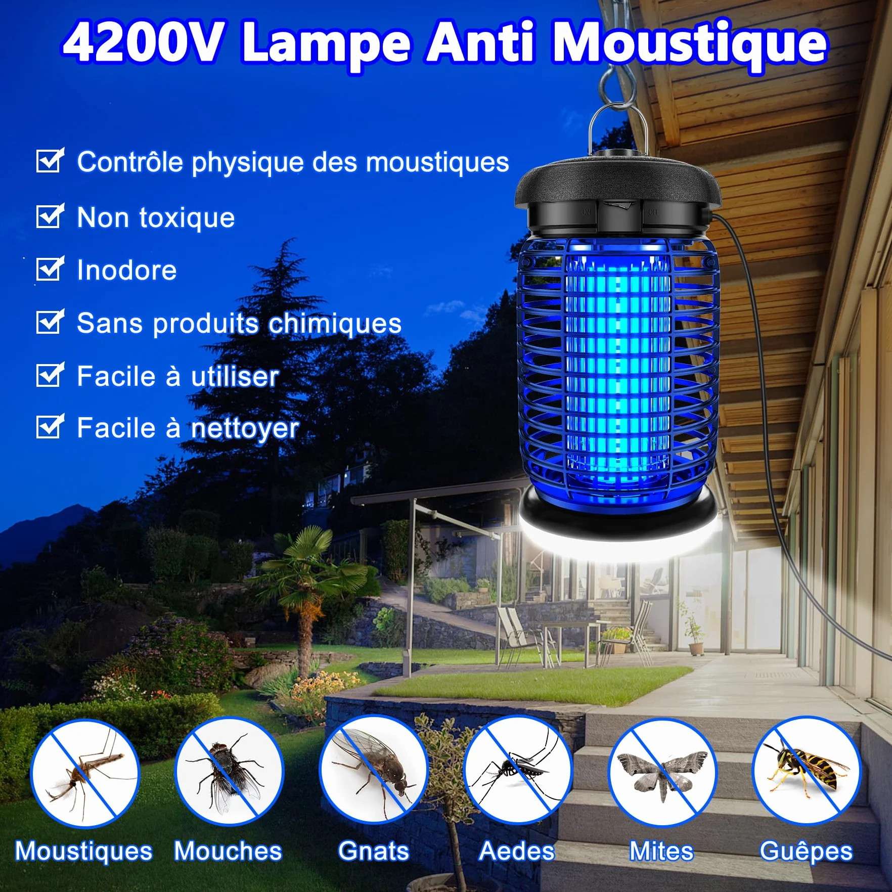 Seenlast Lampe Anti Moustique 15W 4200V UV Tueur d'Insectes Électrique Étanche 140m² Intérieur Extérieur