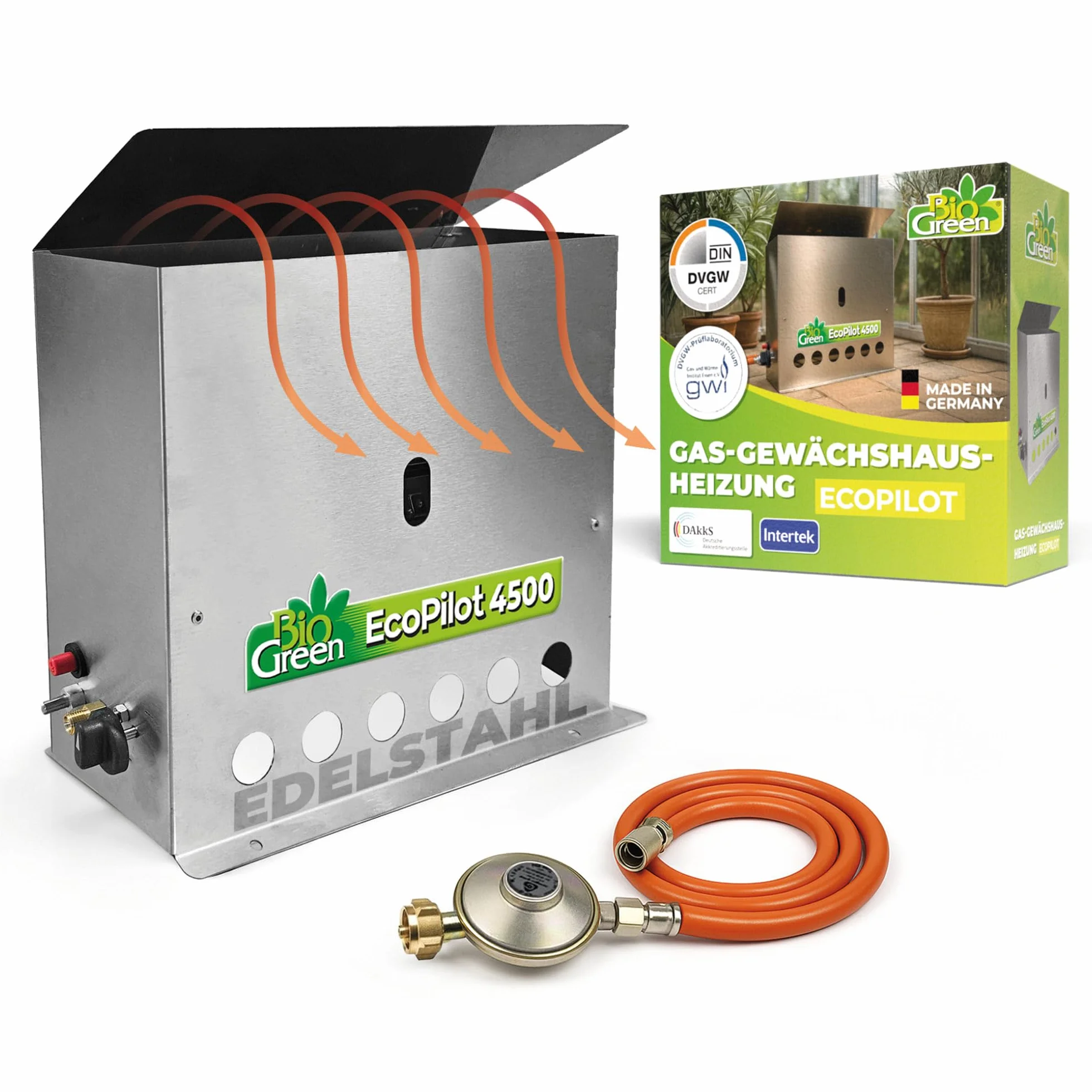 BioGreen EcoPilot 4500 Chauffage de serre à gaz 4500W acier inoxydable argenté 38x17x40 cm pour serres jusqu'à 22 m²