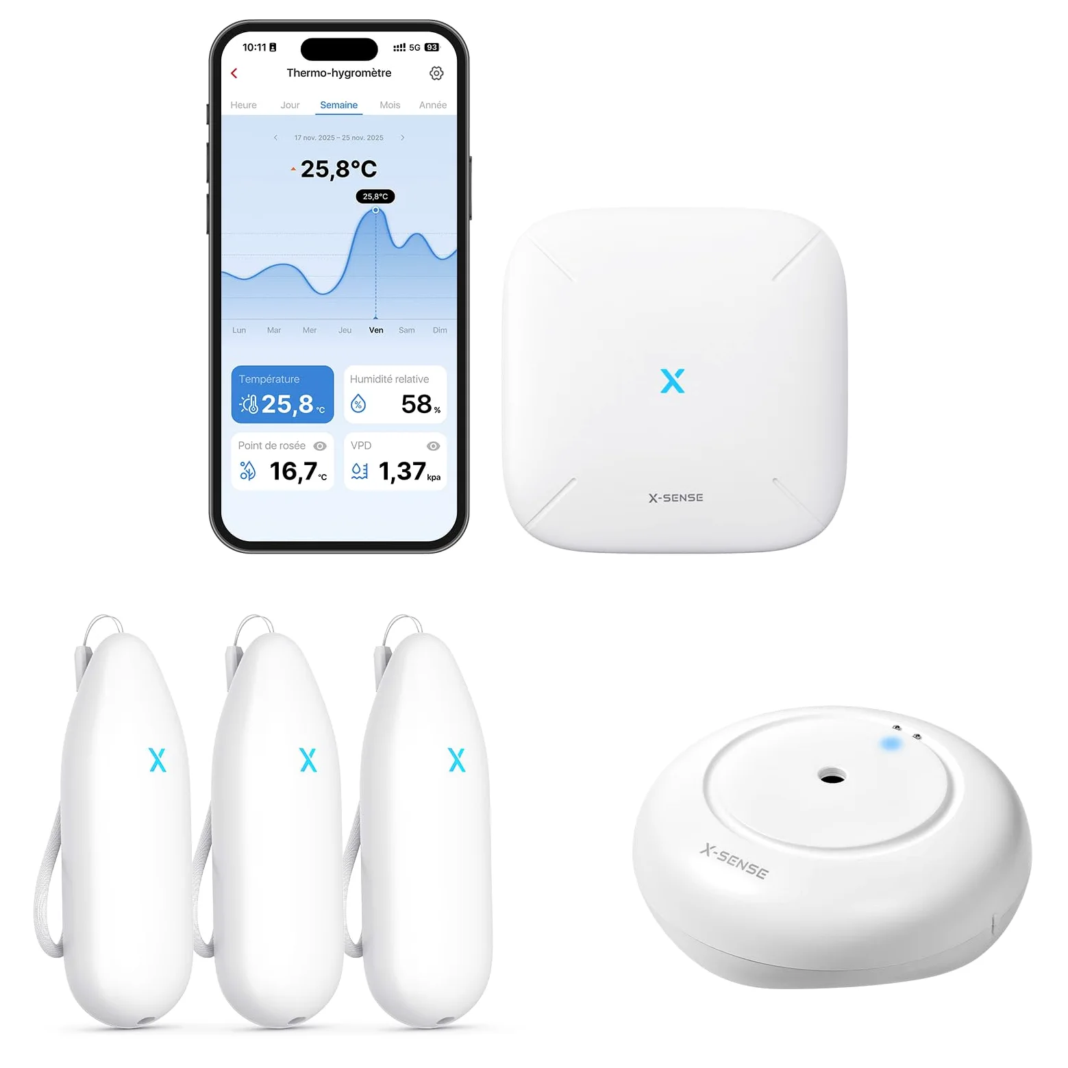 X-Sense Thermomètre-Hygromètre Wi-Fi avec Station de Base SBS50 STH54 et Détecteur de Fuite d’Eau Wi-Fi SWS51, Lot de 1