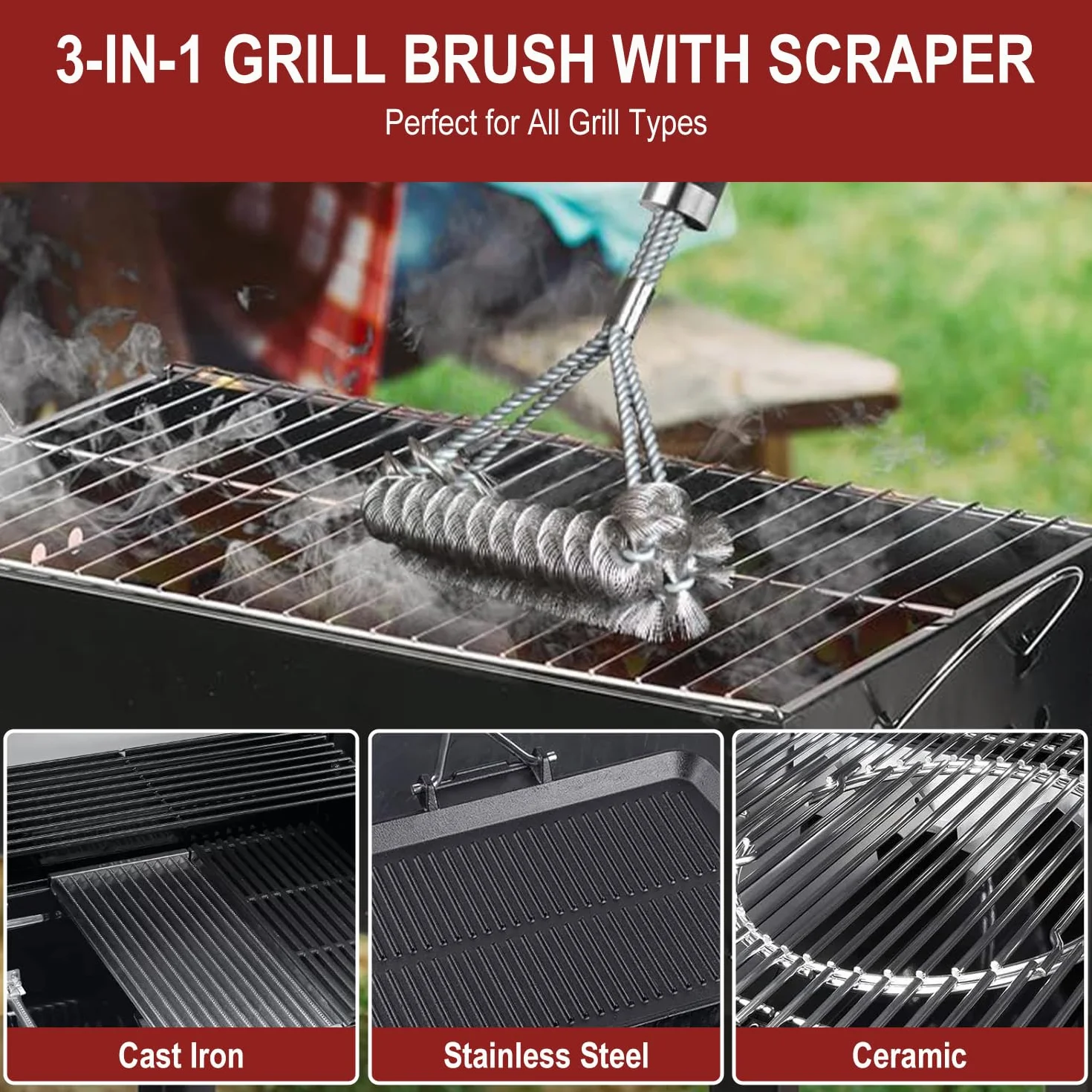 Brosse de Nettoyage pour Barbecue en Acier Inoxydable 45.5cm avec Grattoir Intégré Nettoyage 360°