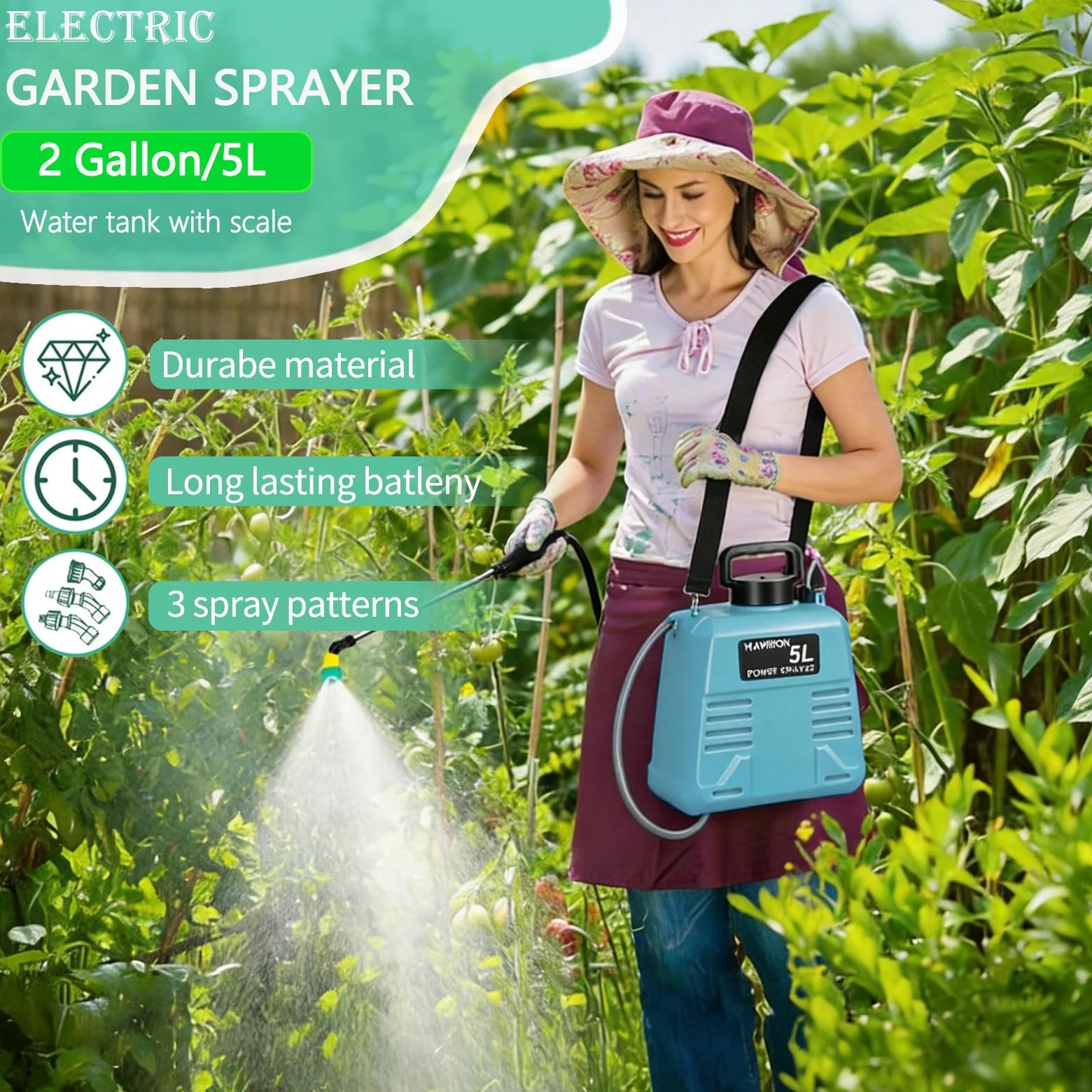 Pulvérisateur électrique à pression de 5 l avec buses pour le nettoyage par pulvérisation des plantes de jardin