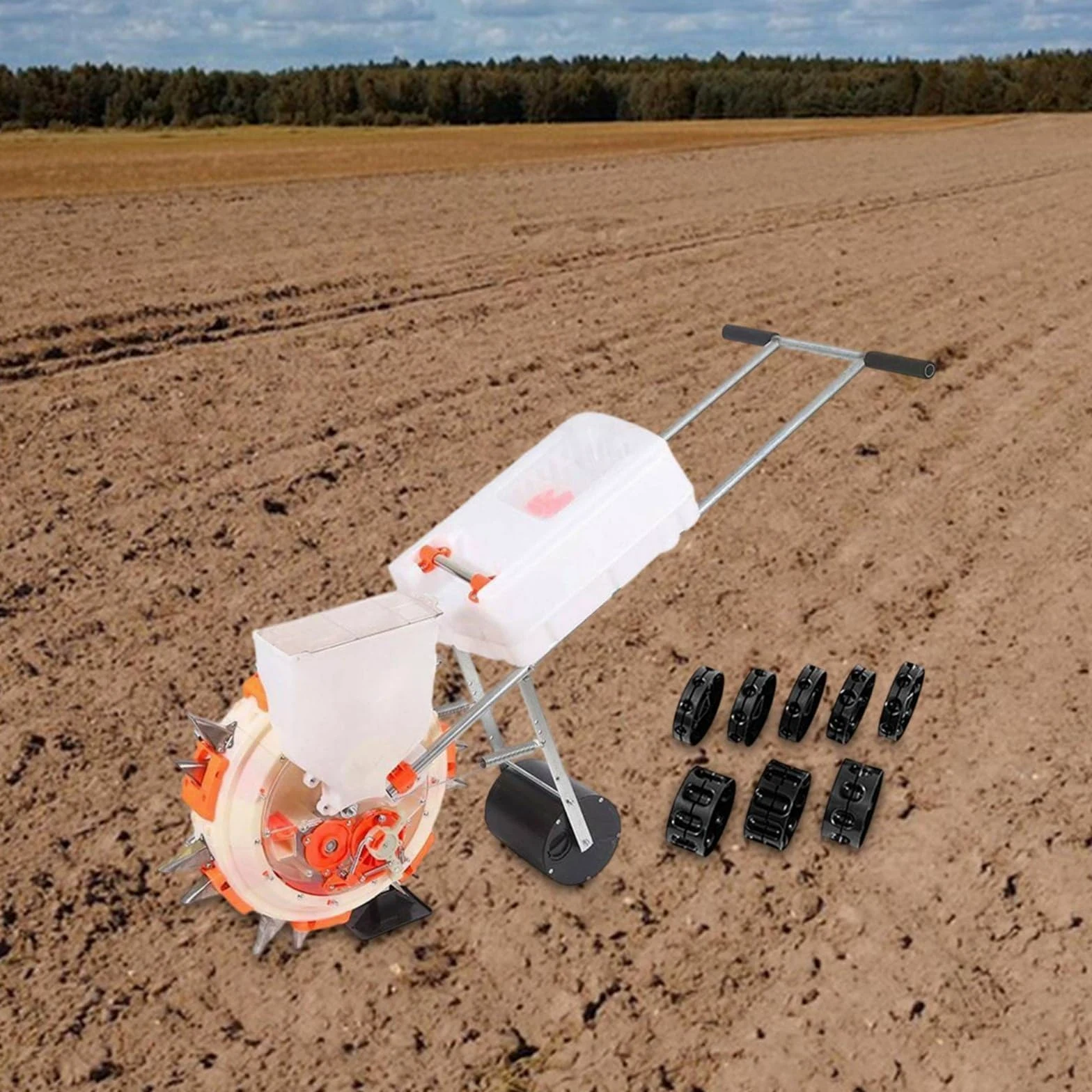 Handheld Seeder Semoir Planteur Épandeur Manuel à Poussée avec Roue Tasseuse Acier Inoxydable et Plastique Semis Régulier et Fertilisation Contrôlée, L 28CM, 6-Buse