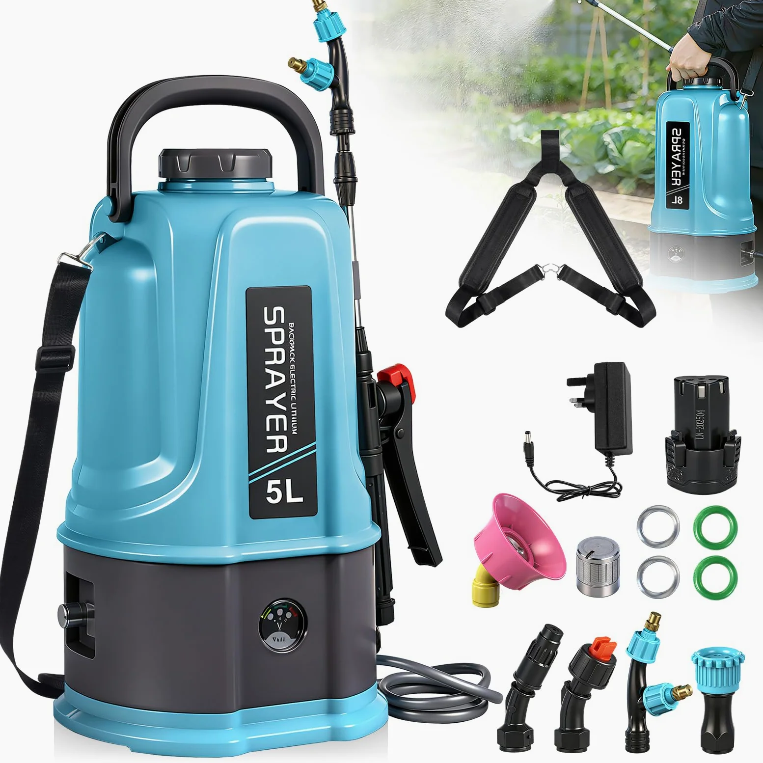 Pulverisateur Electrique 5L,45PSI Pulvérisateur à Batterie Compatible avec Makita 12V Batteries,Pulvérisateur de Jardin avec 5 Buses Reglables,Lance Télescopique,2.0 Ah Batterie,Chargeur