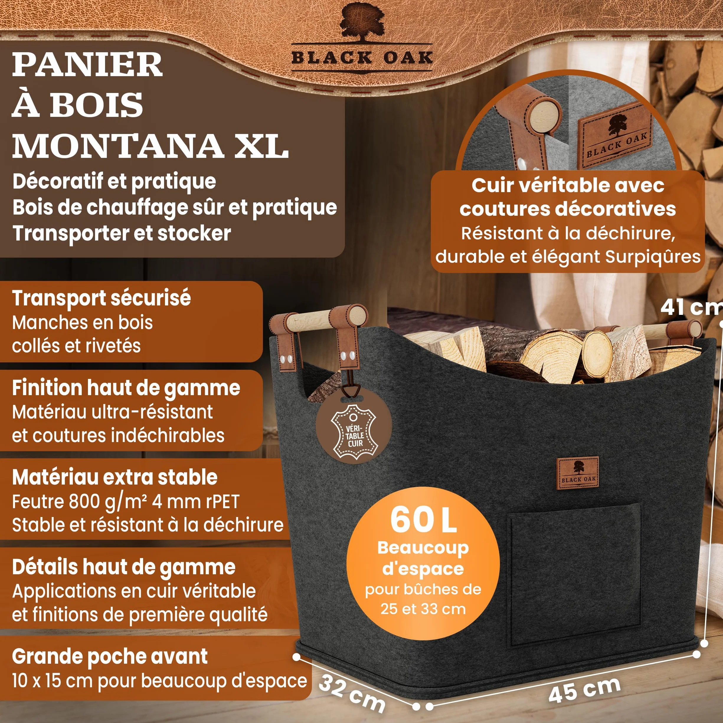 BLACK OAK Montana XL Panier en feutre et bois pour bois de chauffage, cuir véritable, poignées larges, poche avant extra grande, pliable
