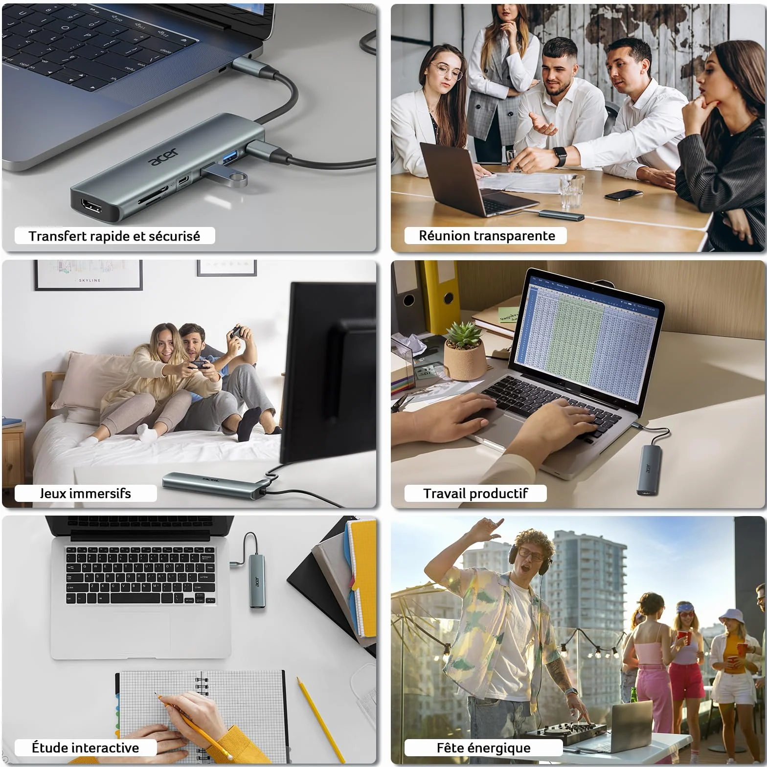 Acer Adaptateur USB C vers HDMI 4K PD 100W Lecteur de Carte SD TF 2 USB 3.0 USB C 5Gbps