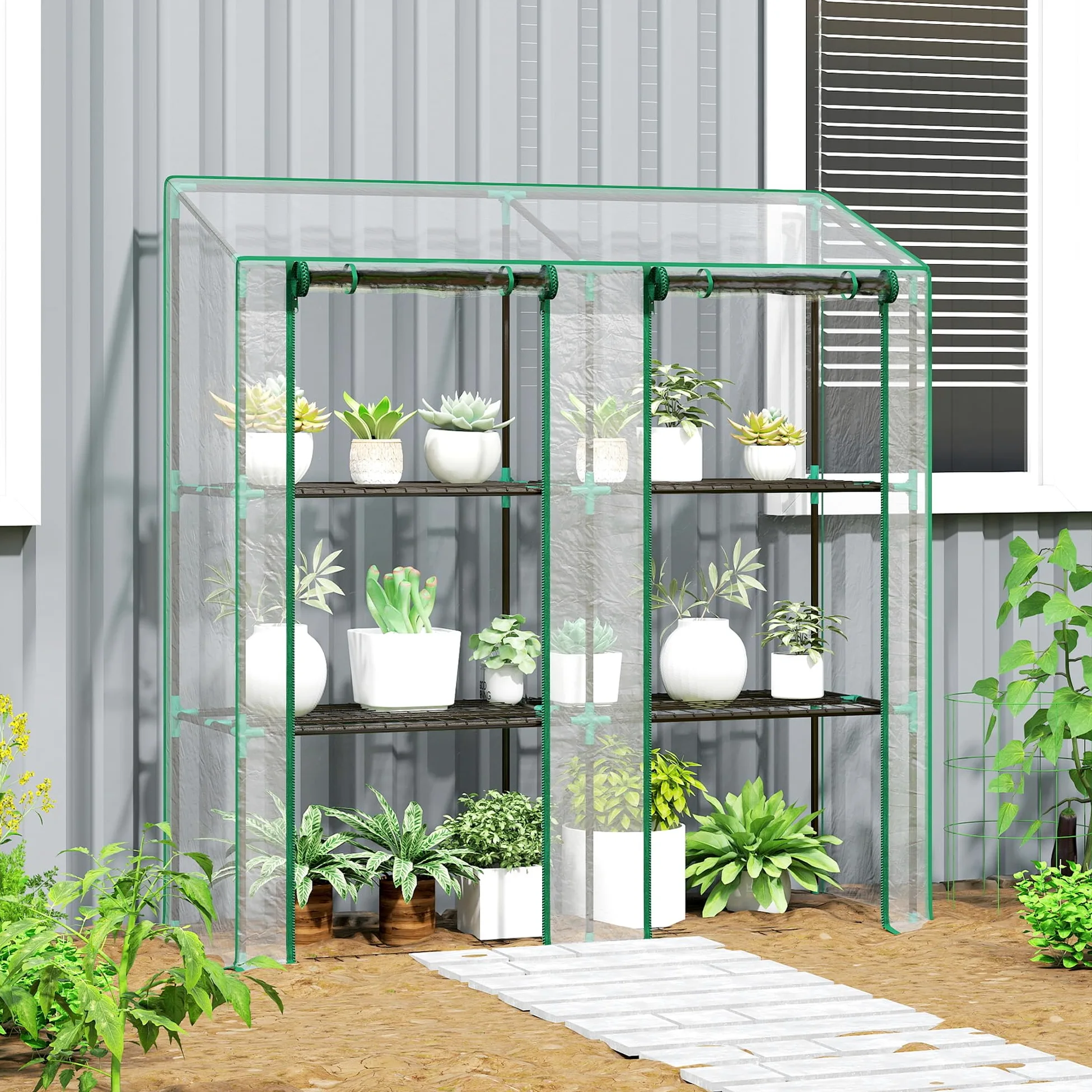 Outsunny Serre de Jardin PE Étagères 3 Niveaux 143x46x51cm Transparent | Serre de Balcon, Bâche Renforcée 140 g/m², Châssis en Acier, 2 Portes Zippées Enroulables, pour Légumes Plantes Fleurs