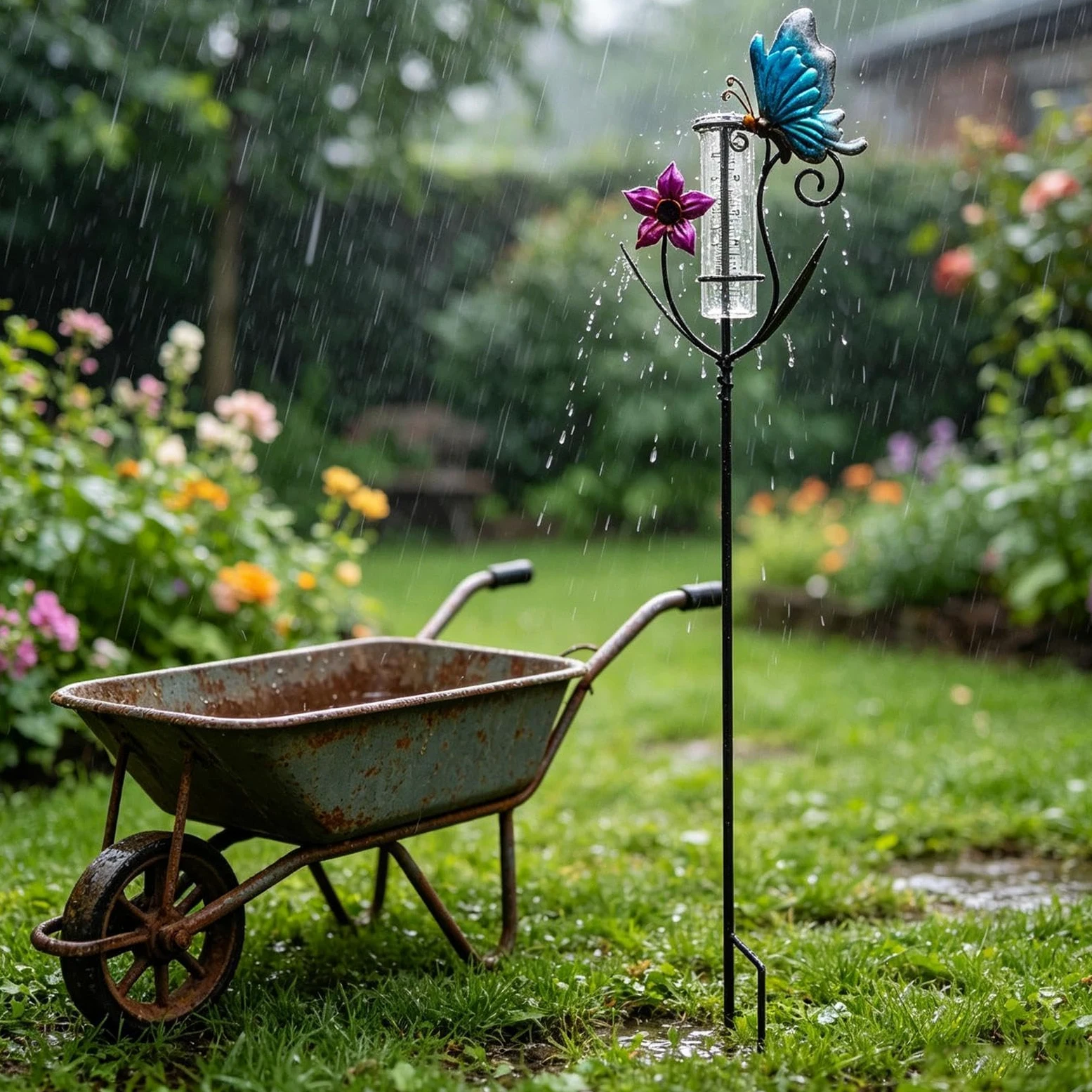 Pluviomètre | Objet Décoration Mesure Pluie Design Papillons et Fleurs | Jauge de Mesure de Pluie - Pour Jardin Pelouse Cour Terrasse Patio Clôture
